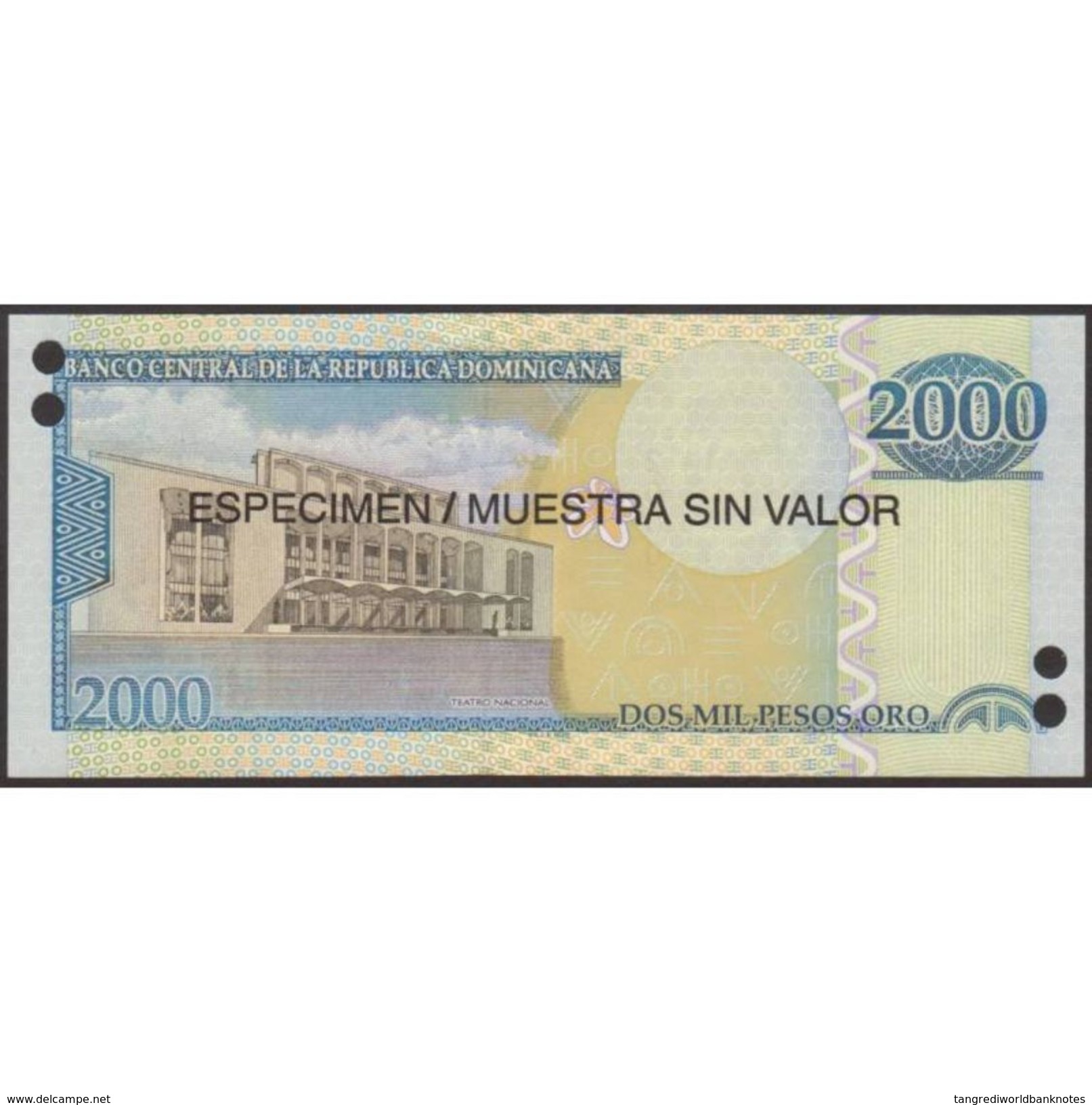 TWN - DOMINICAN REPUBLIC 181a-s - 2.000 Pesos Oro 2006 Especimen Muestra Sin Valor Punch Hole Canceled AZ 000000 UNC - Dominicaine