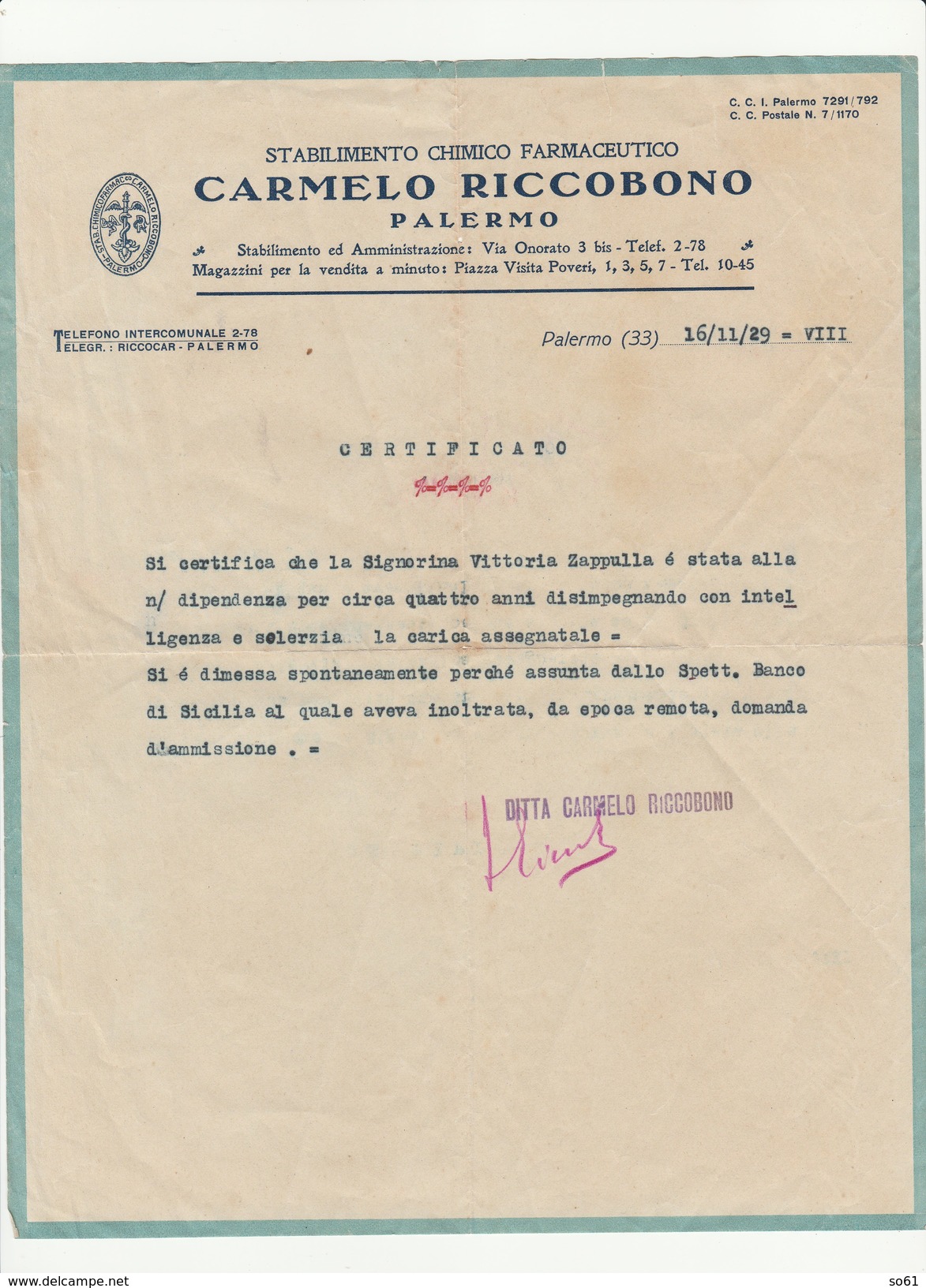 7471.   Stabilimento Chimico Farmaceutico - Carmelo Riccobono - Palermo 1929 - Matériel Et Accessoires