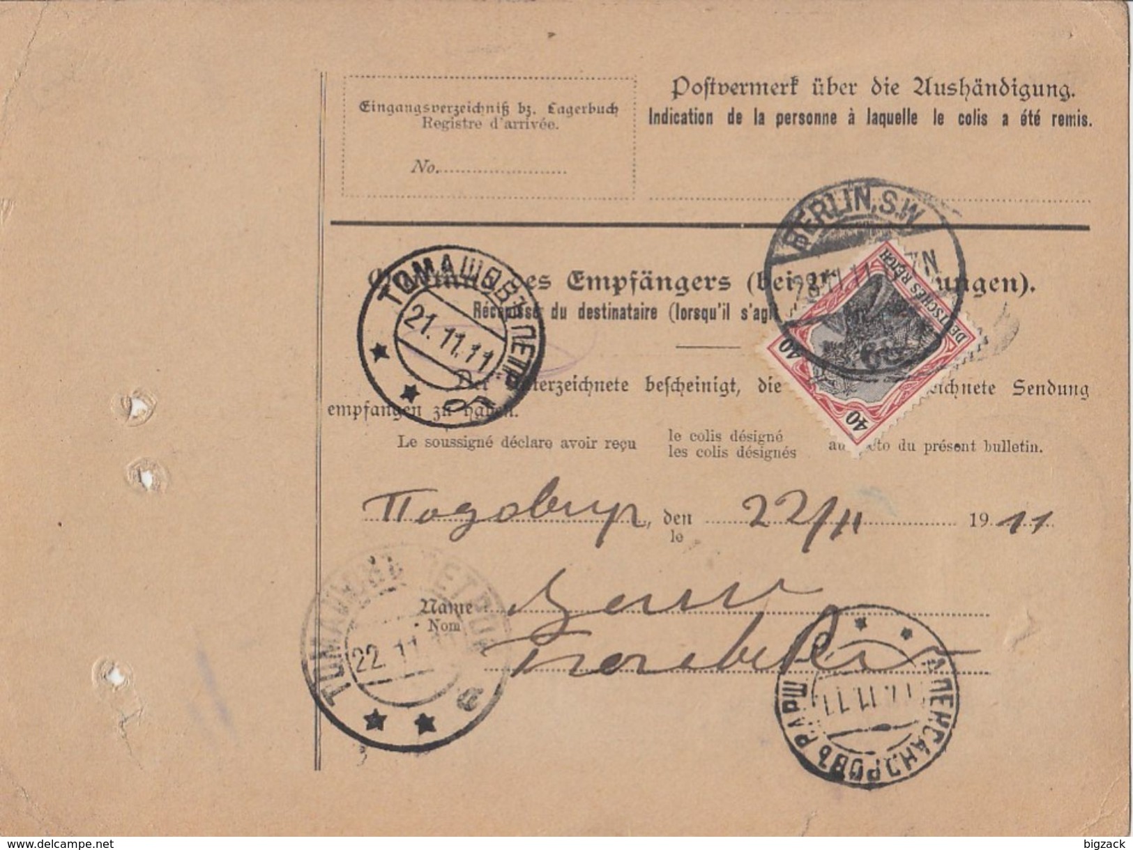 DR Paketkarte Mif Minr.90I, 94AI Berlin 28.11.11 Gel. Nach Tomaszow (Russ-Polen) - Briefe U. Dokumente
