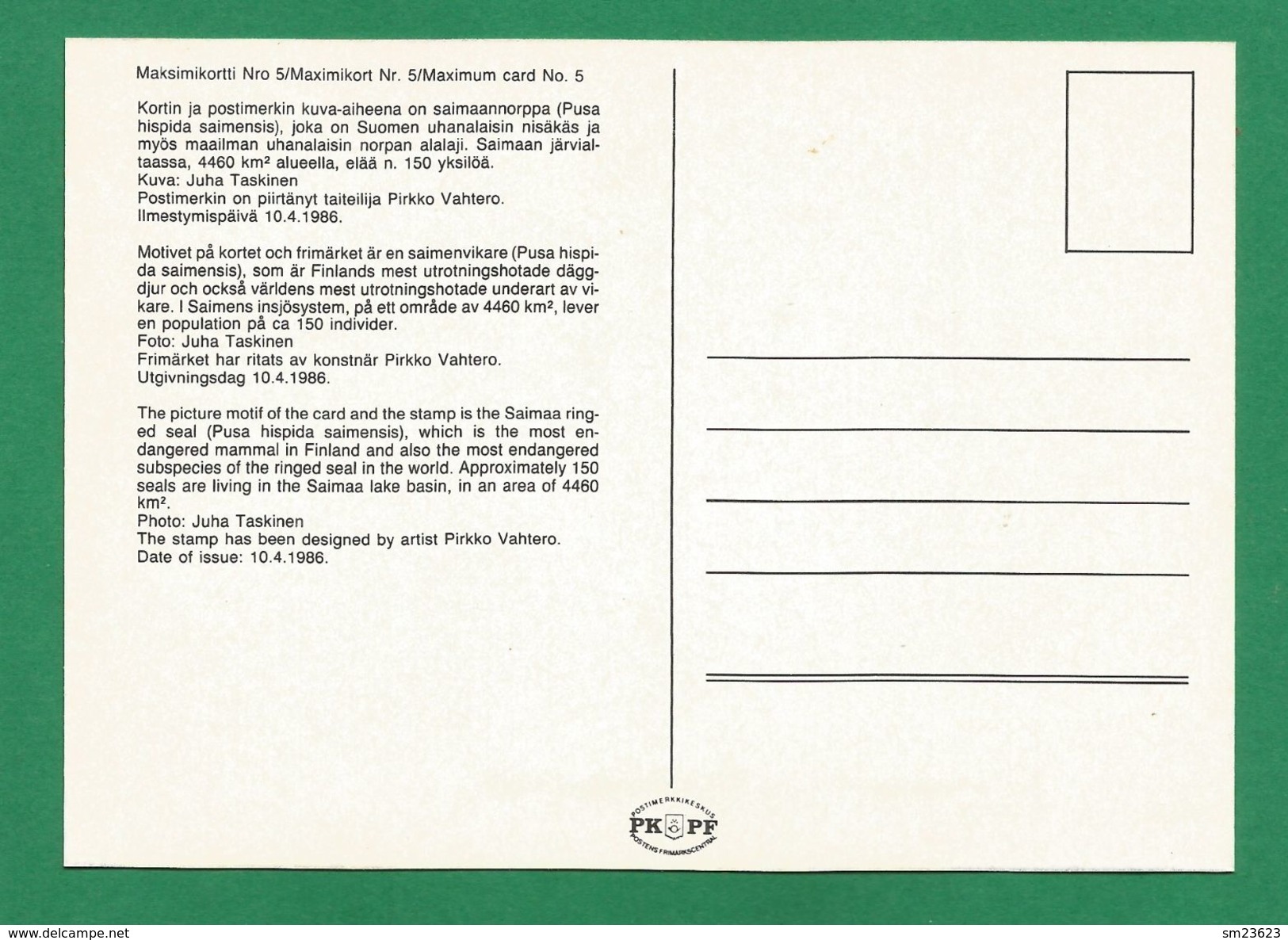 Finnland / Suomi / 1986  Mi.Nr. 985 , EUROPA CEPT - Maximum Card - Saimaan Tulevaisuu 10.4.1986 - Cartes-maximum (CM)