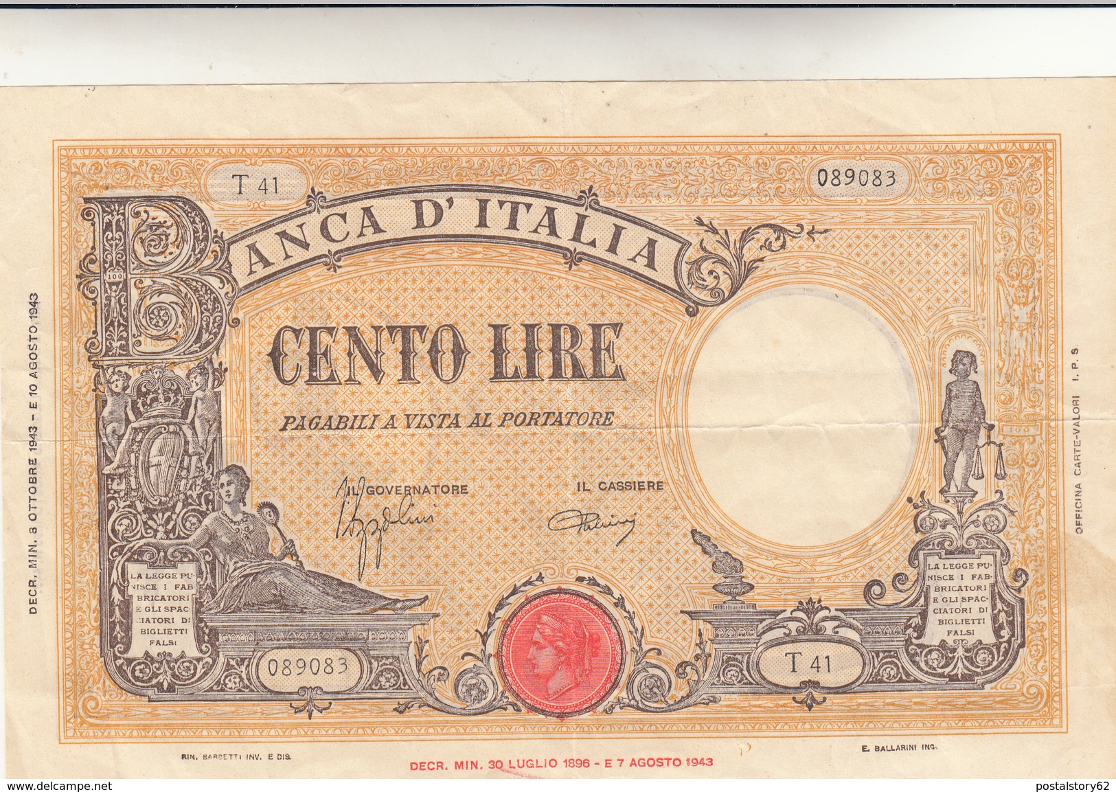 Banconota Banca D'Italia Lire 100 Grande B Fascio. Pieghe Ma Buona Conservazione Non Trattata 1943 - 100 Liras