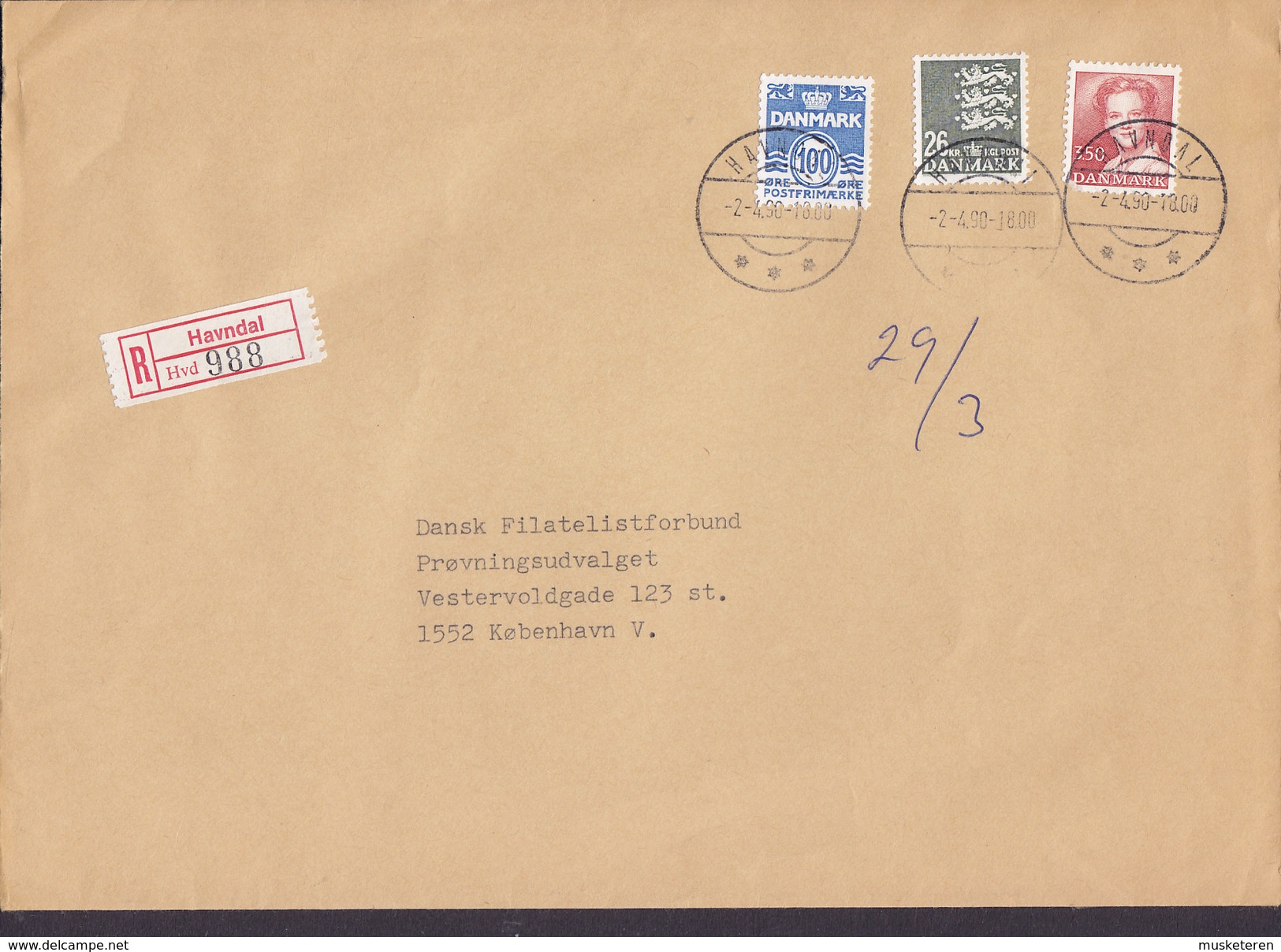 Denmark Registered Recommandé Label Bro IId HAVNDAL 1990 Cover Brief 26 Kr. Wappenlöwe - Briefe U. Dokumente