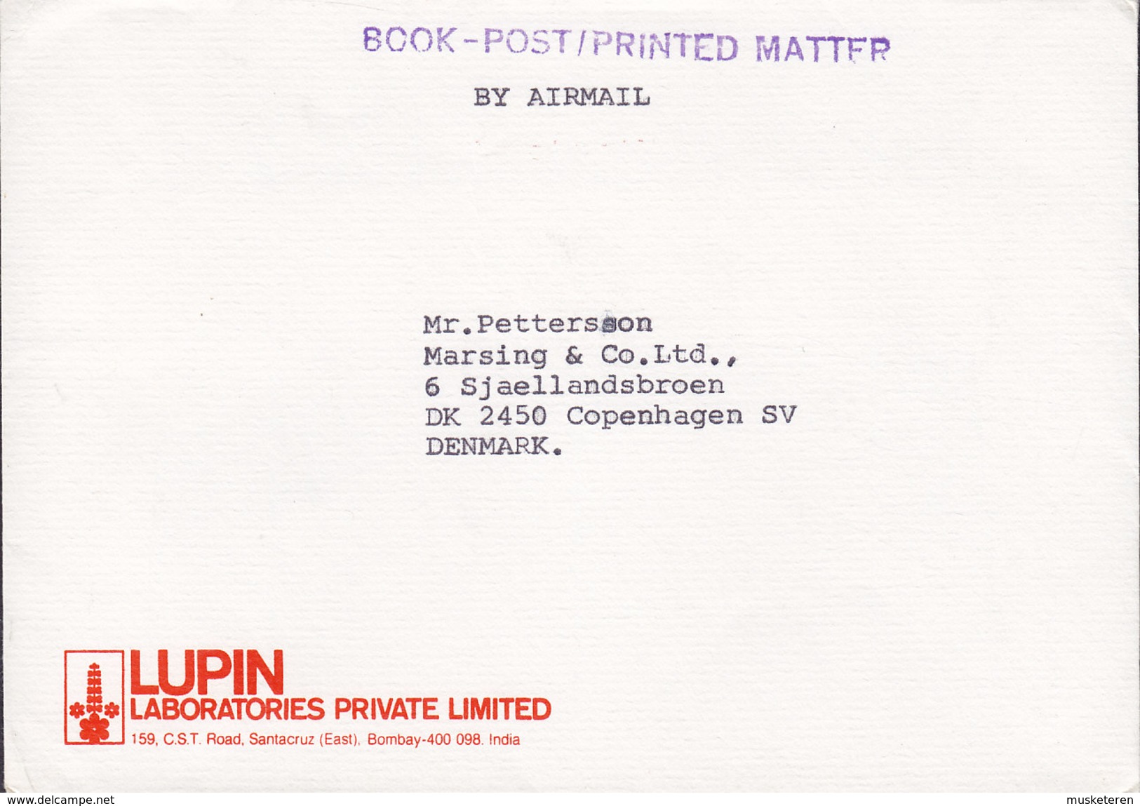 India LUPIN Laboratories Private Ltd. BOMBAY 1987 Meter Cover To Denmark (2 Scans) - Covers & Documents