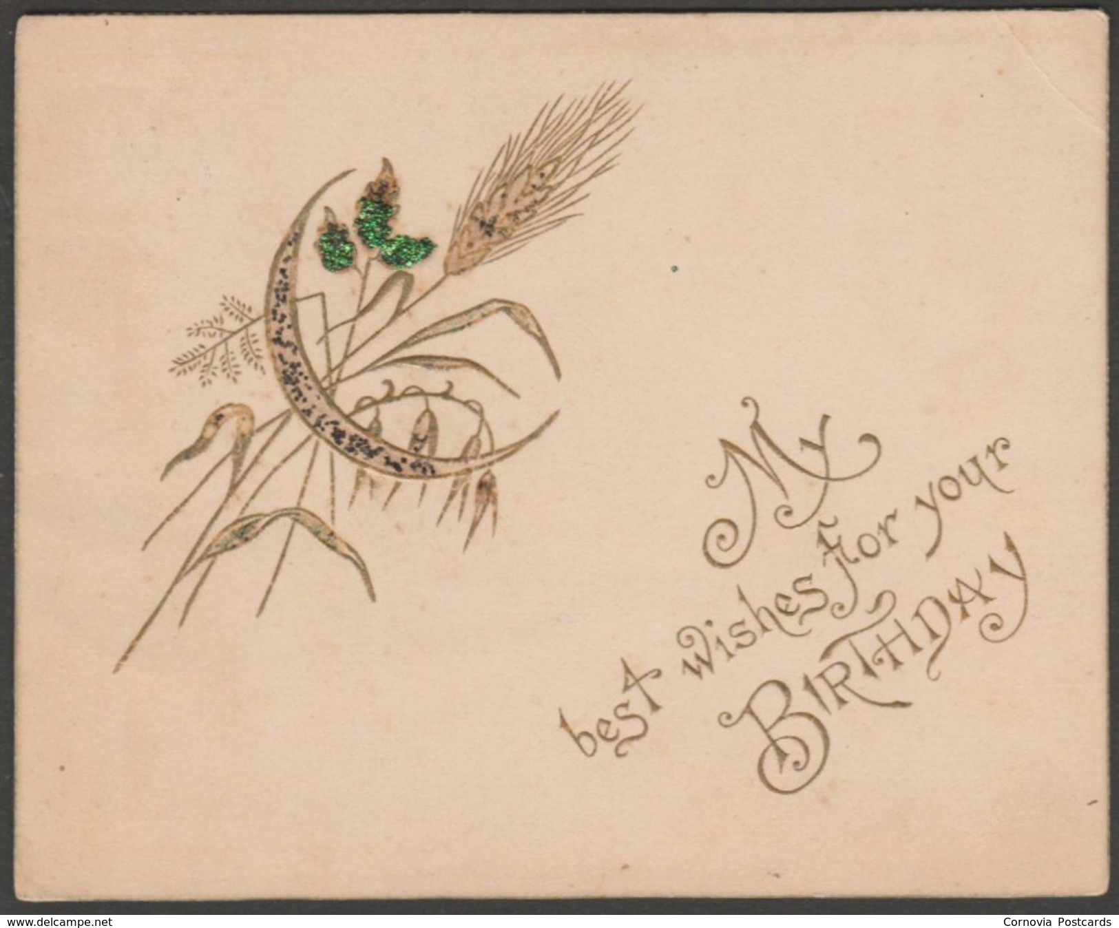 Birthday Card With Wheat And A Crescent Moon, C.1910 - Embossed Panel Greetings Card - Other & Unclassified