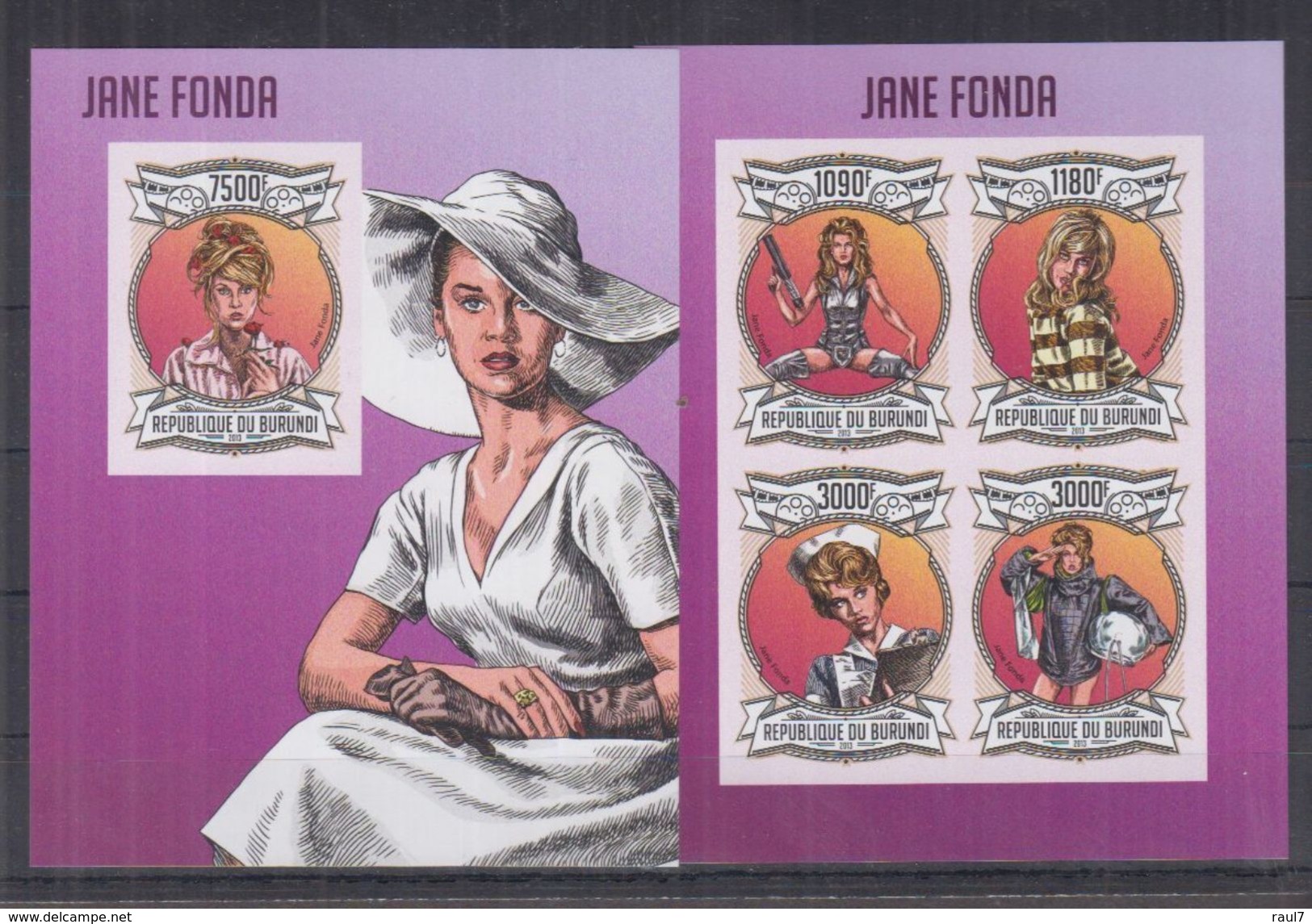 BURUNDI 2013 - Cinéma, Jane Fonda - Feuillet 4 Val + BF ND Neufs // Mnh Imp // CV 71.00 Euros - Neufs