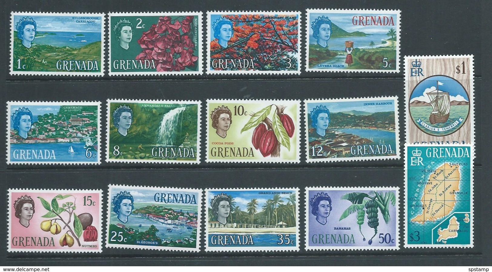 Grenada 1966 QEII Definitives Part Set Of 14 To $3 Map MNH - Grenada (...-1974)