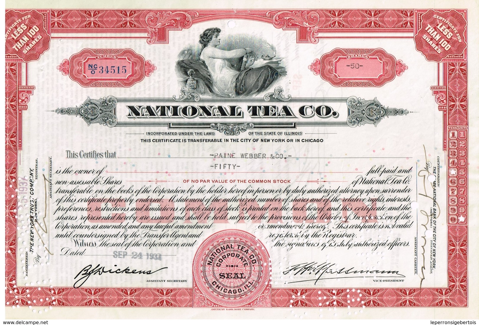 - Certificat De Valeurs Américaines - National Tea Co - Titre De 1937 - Industrie