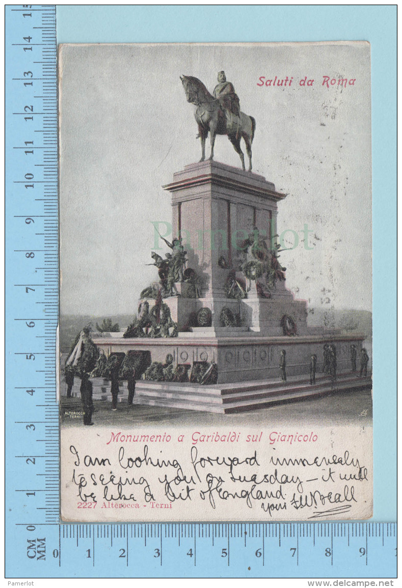 Saluti Da Roma - Monumento A Garibaldi Sul Gianicolo, Cover Roma 1906 And A Flag With A "V" &amp; "E" In It - Souvenir De...