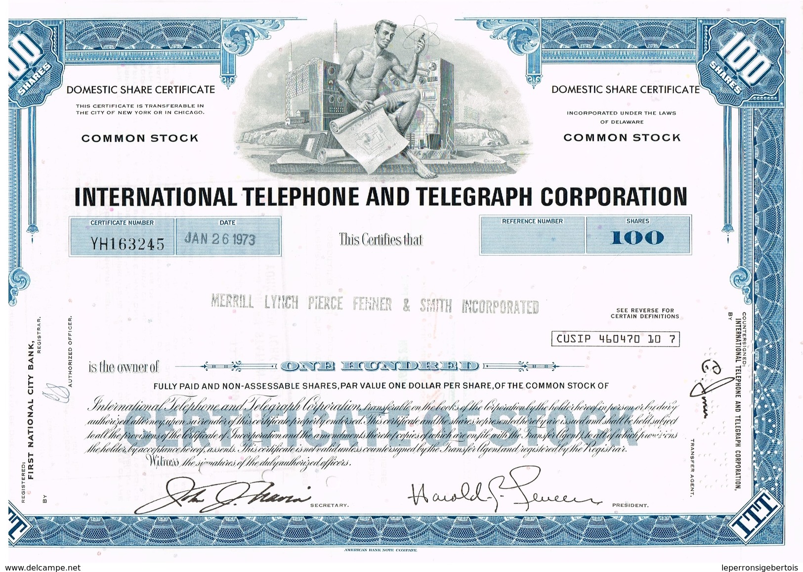 Certificat De Valeurs Américaines - International Telephone And Telegraph Co "ITT" Titre De 1973 - Industrie