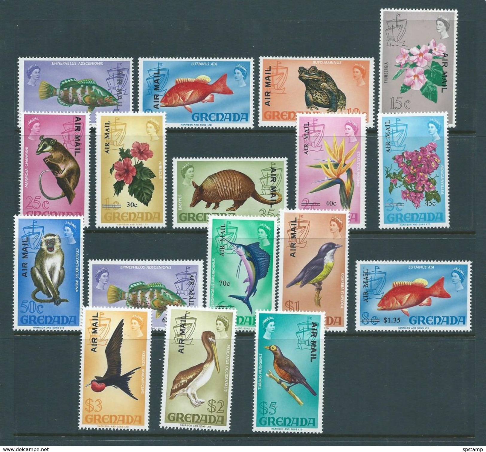 Grenada 1972 Air Mail Overprint / Surcharge On Flora & Fauna Definitives Set Of 17 MNH - Grenada (...-1974)