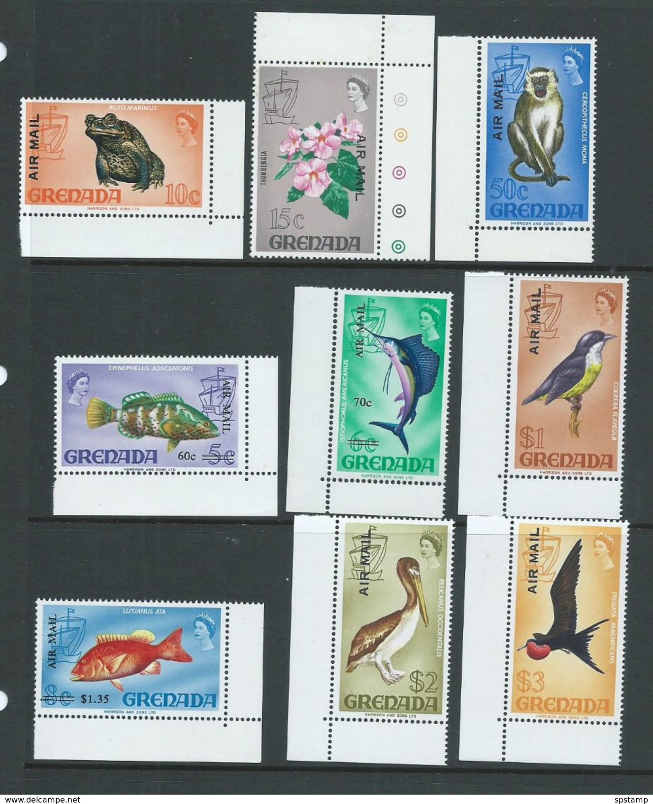 Grenada 1972 Air Mail Overprint / Surcharge On Flora & Fauna Definitives 9 Values To $3 Frigate Bird MNH - Grenada (...-1974)