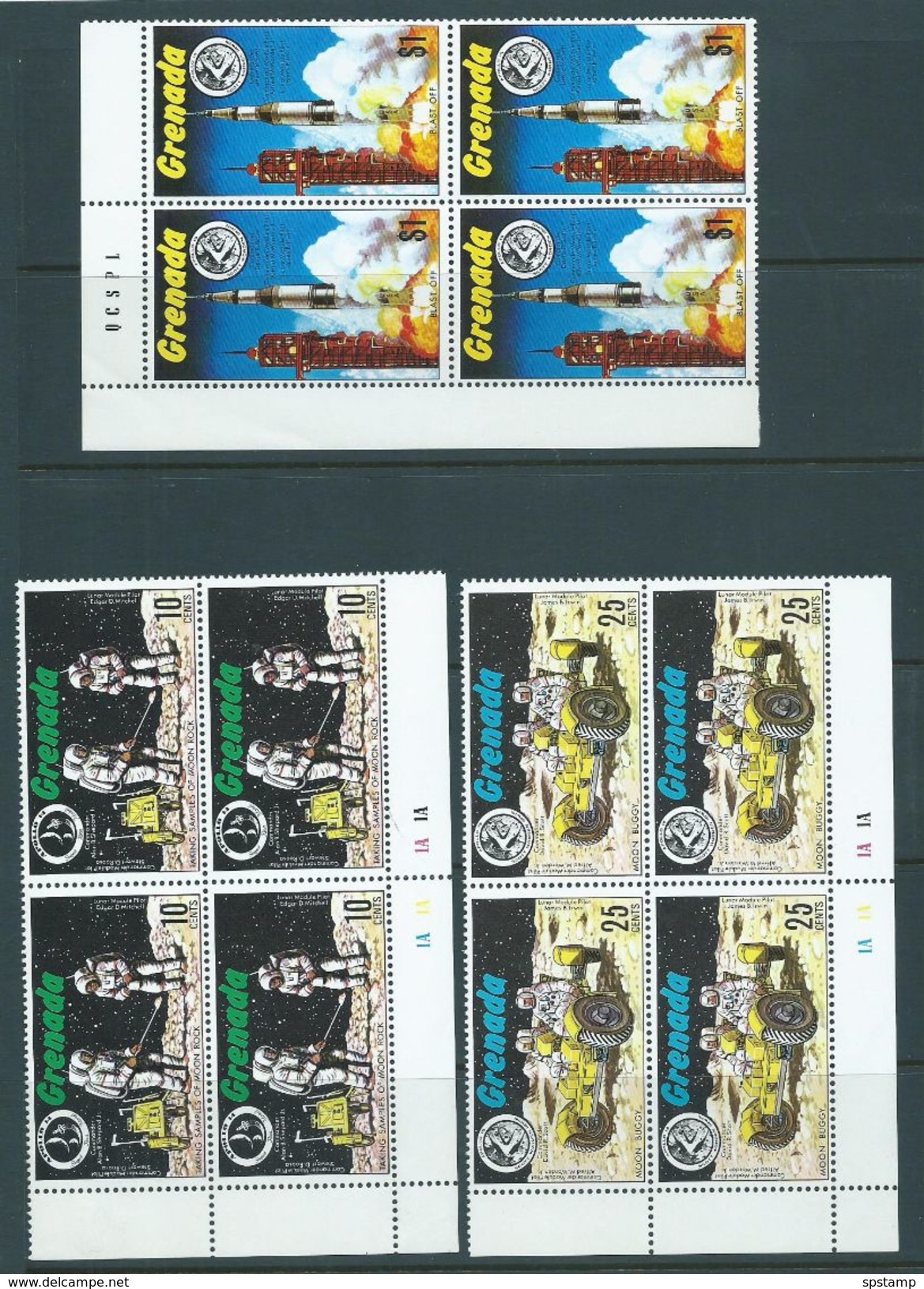 Grenada 1971 Apollo 15 Space Missions Set Of 6 MNH Marginal Blocks Of 4 , 5 With Plate Numbers - Grenada (...-1974)