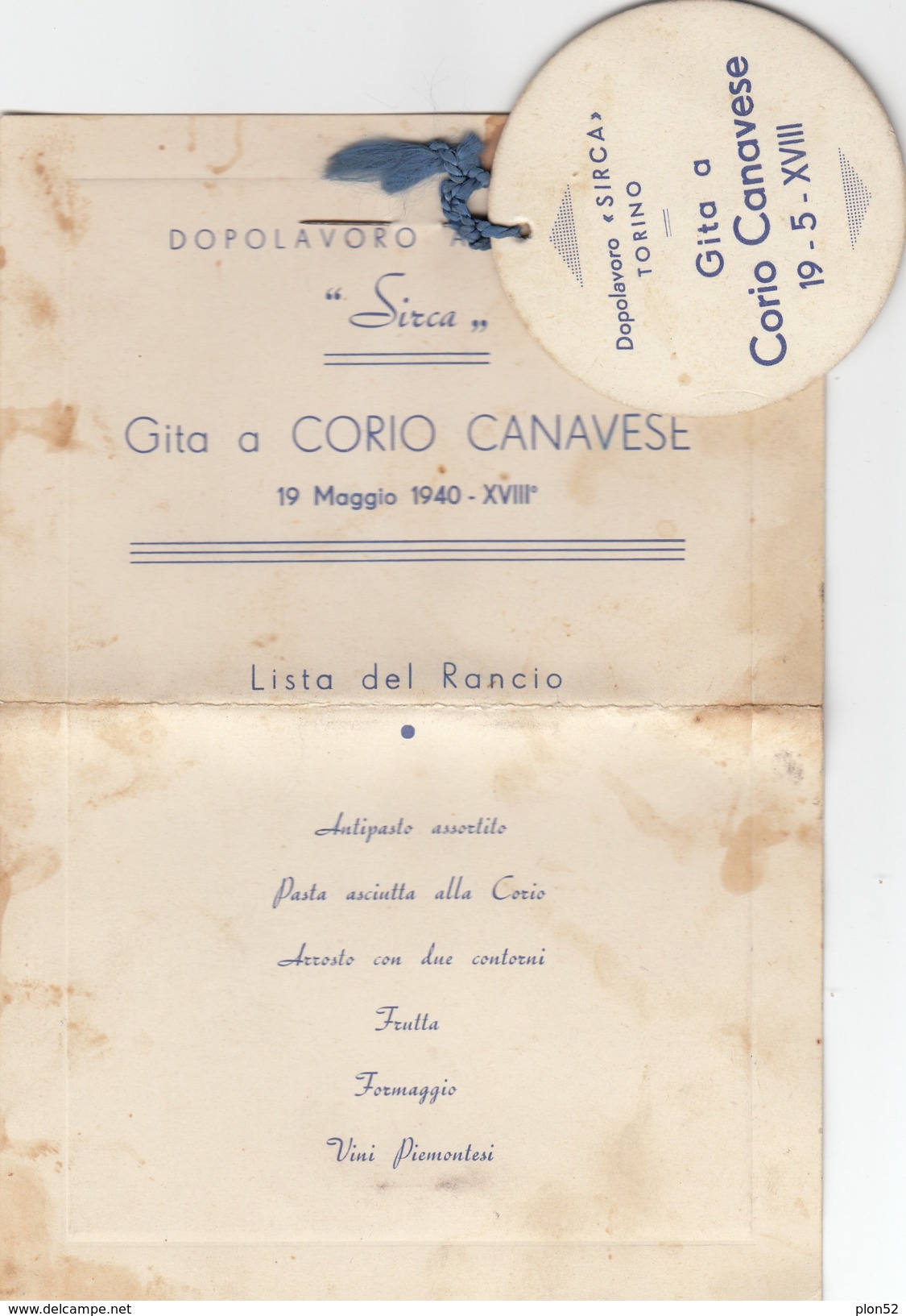 11262-MENU' DOPOLAVORO AZIENDALE "SIRCA"-TORINO GITA A CORIO CANAVESE-1940 - Menus