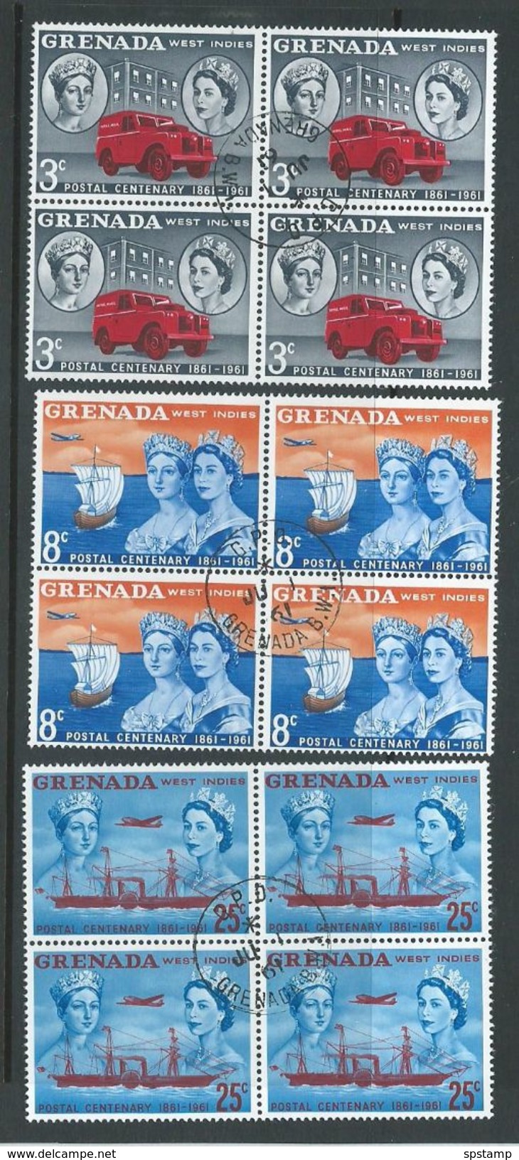 Grenada 1961 Stamp & Post Centenary Set Of 3 FU Blocks Of 4 - Grenada (...-1974)