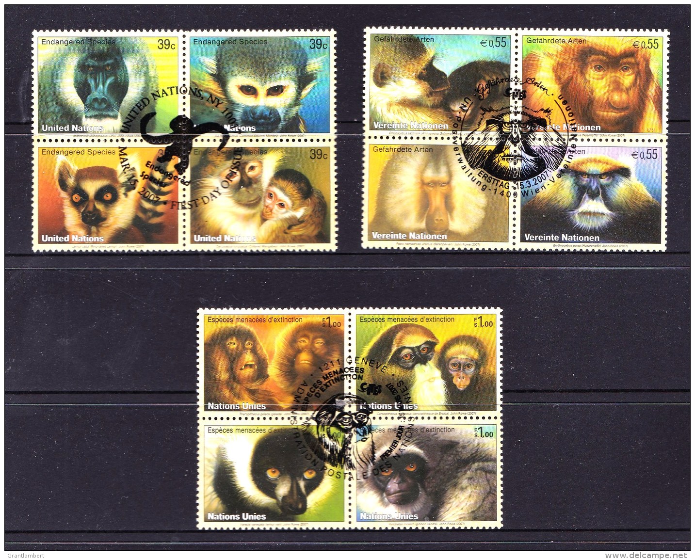 United Nations 2007 Endangered Species - Primates Set Of 12 Used - All 3 Offices - New York/Geneva/Vienna Joint Issues