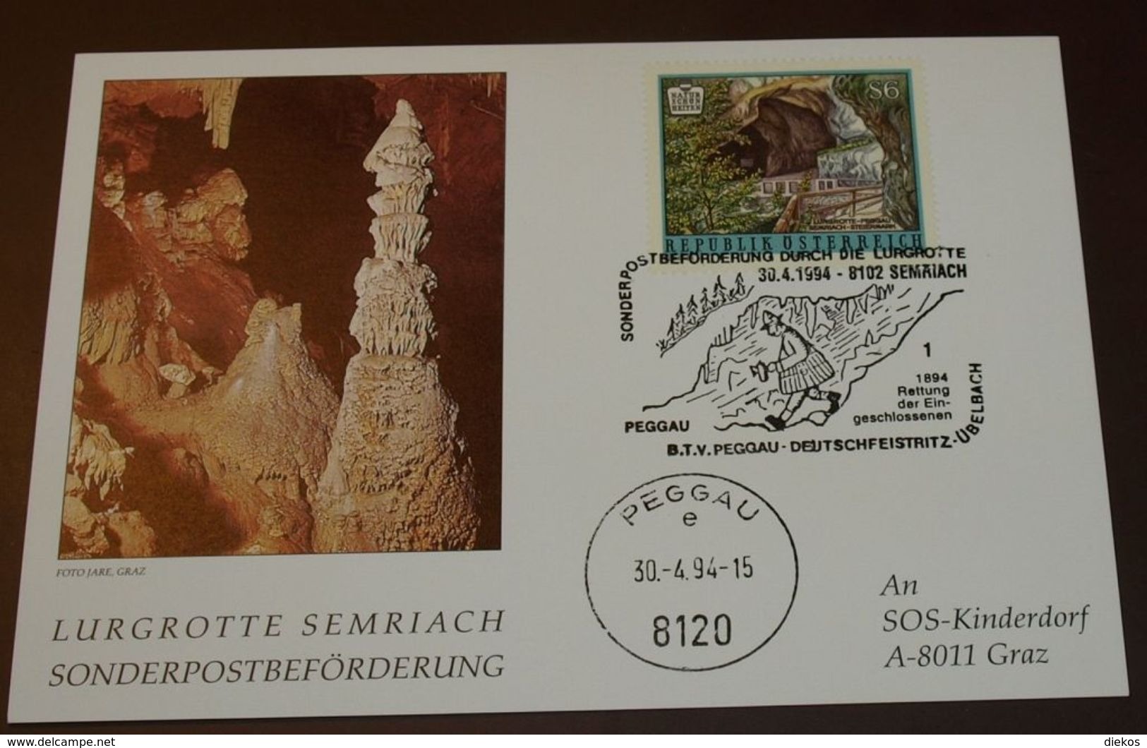 Österreich Höle Lurgrotte Semriach Peggau Sonderpostbeförderung  SOS Kinderdorf   1993   #cover 3956 - Altri & Non Classificati
