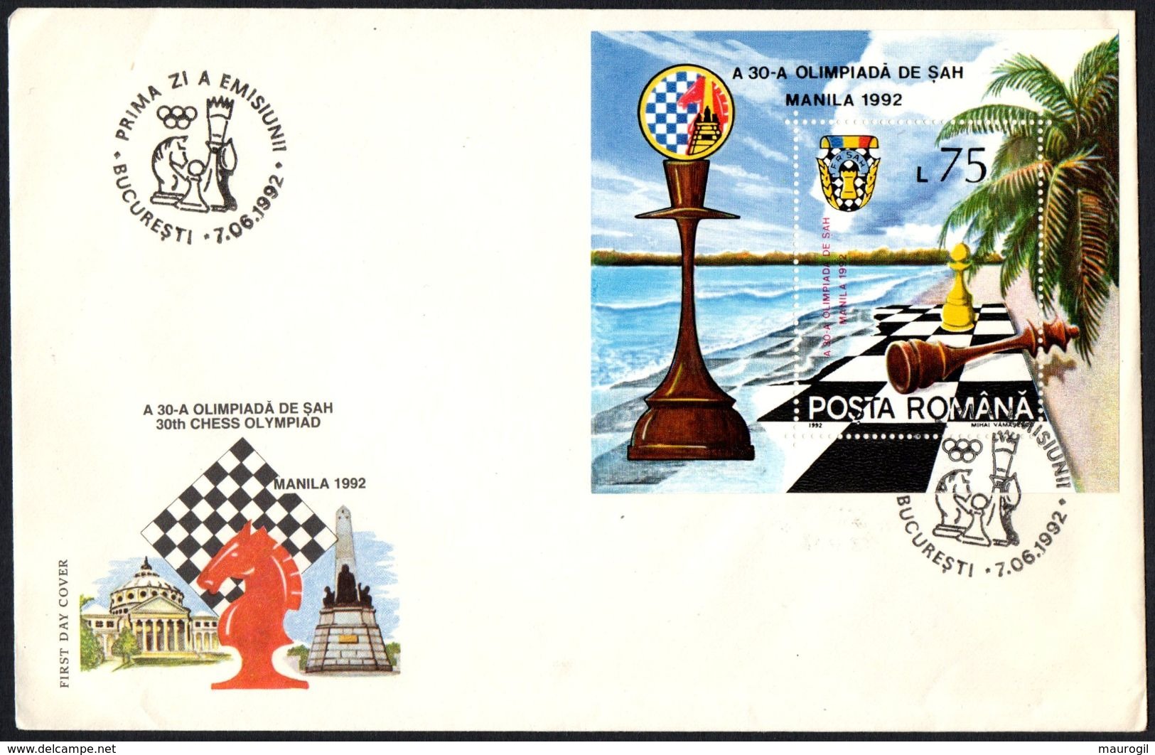 CHESS - ROMANIA BUCAREST 1992 - 30th CHESS OLYMPIAD - FDC - SOUVENIR SHEET - Scacchi