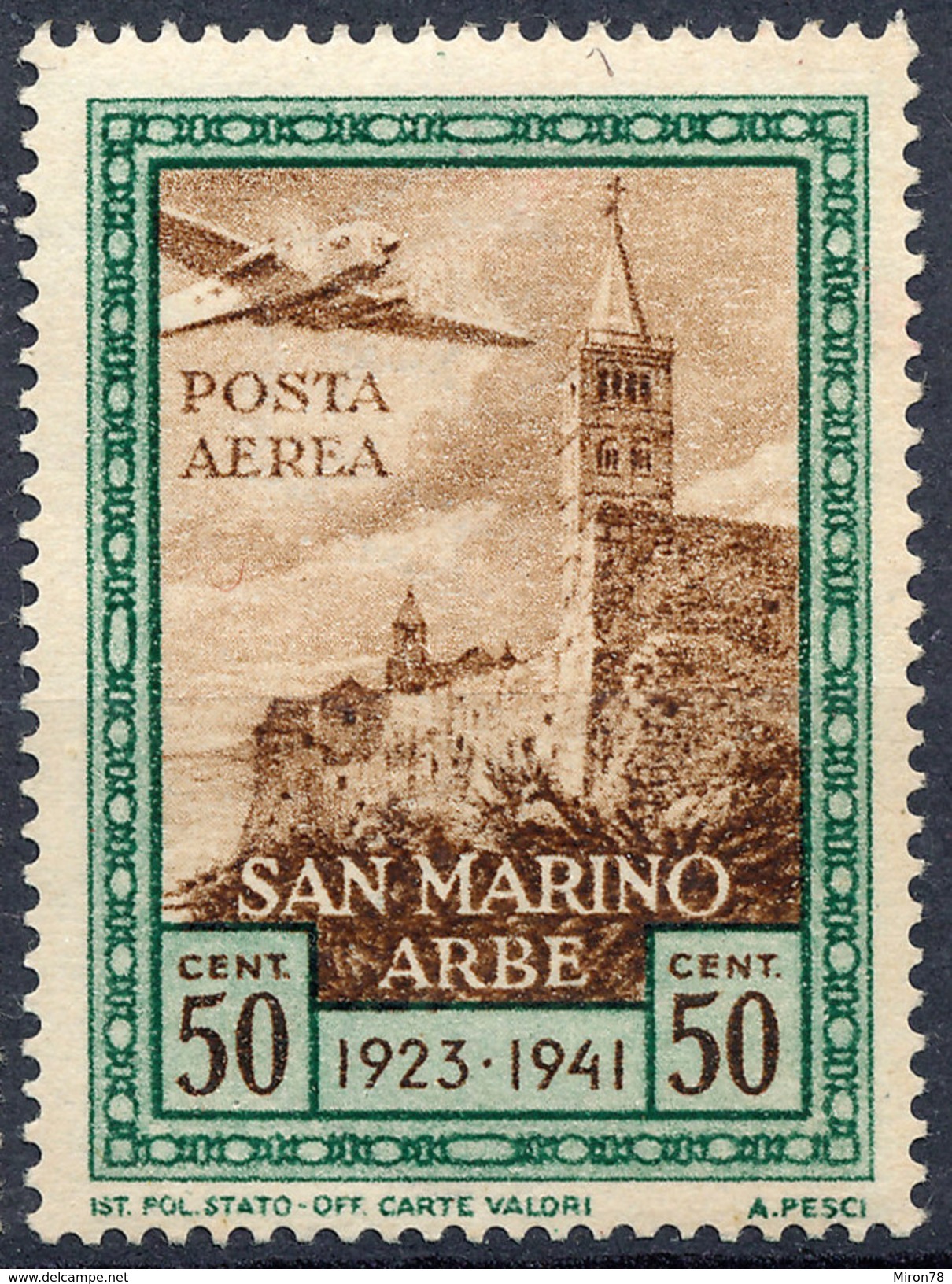 Stamp San Marino 1942 50c MH - Posta Aerea