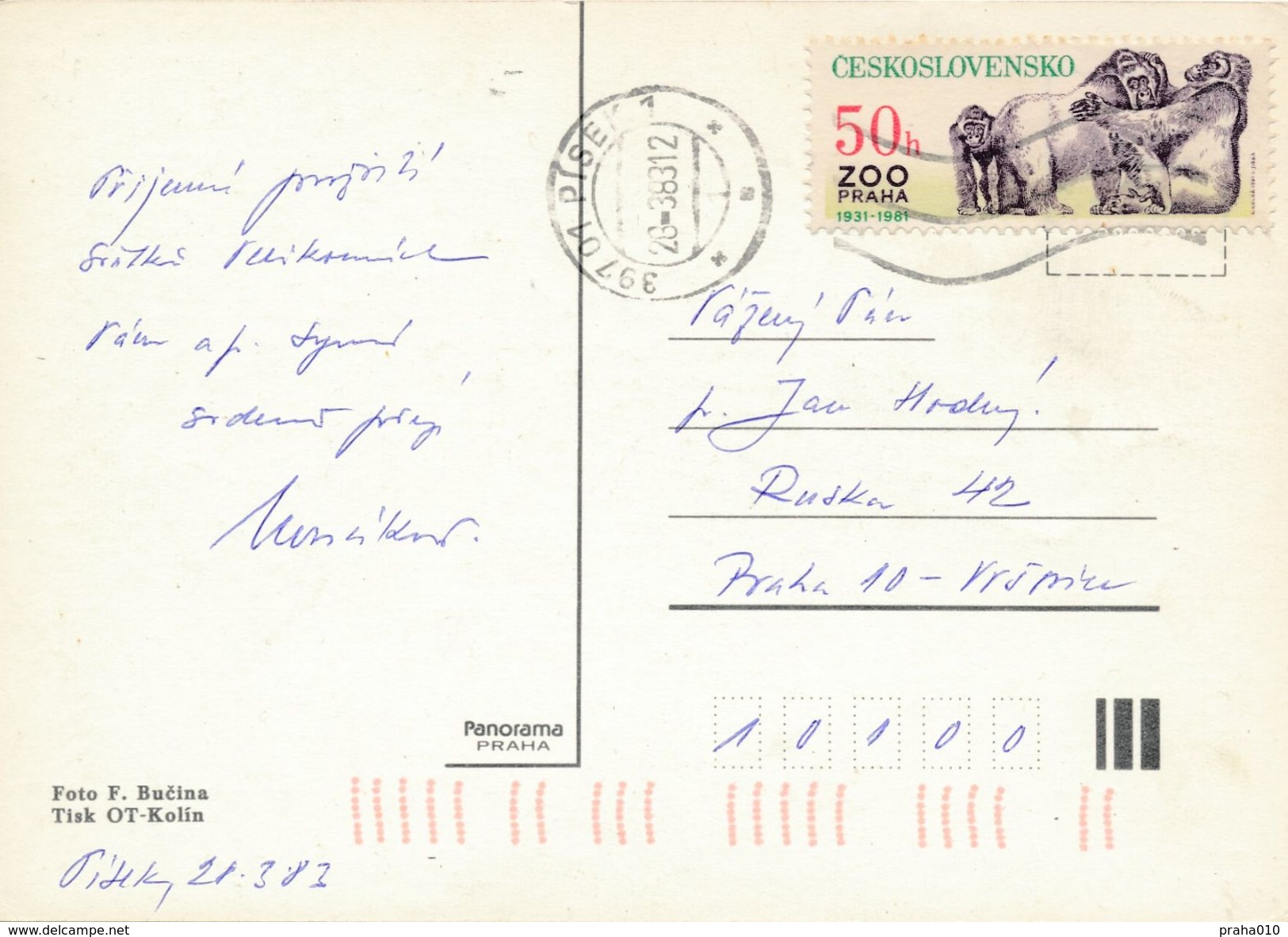 M0731 - Czechoslovakia (1983) 397 01 Pisek 1 (postcard: Easter); Tariff: 50h (stamp: ZOO Praha 1931-1981 - Gorillas) - Gorilla's