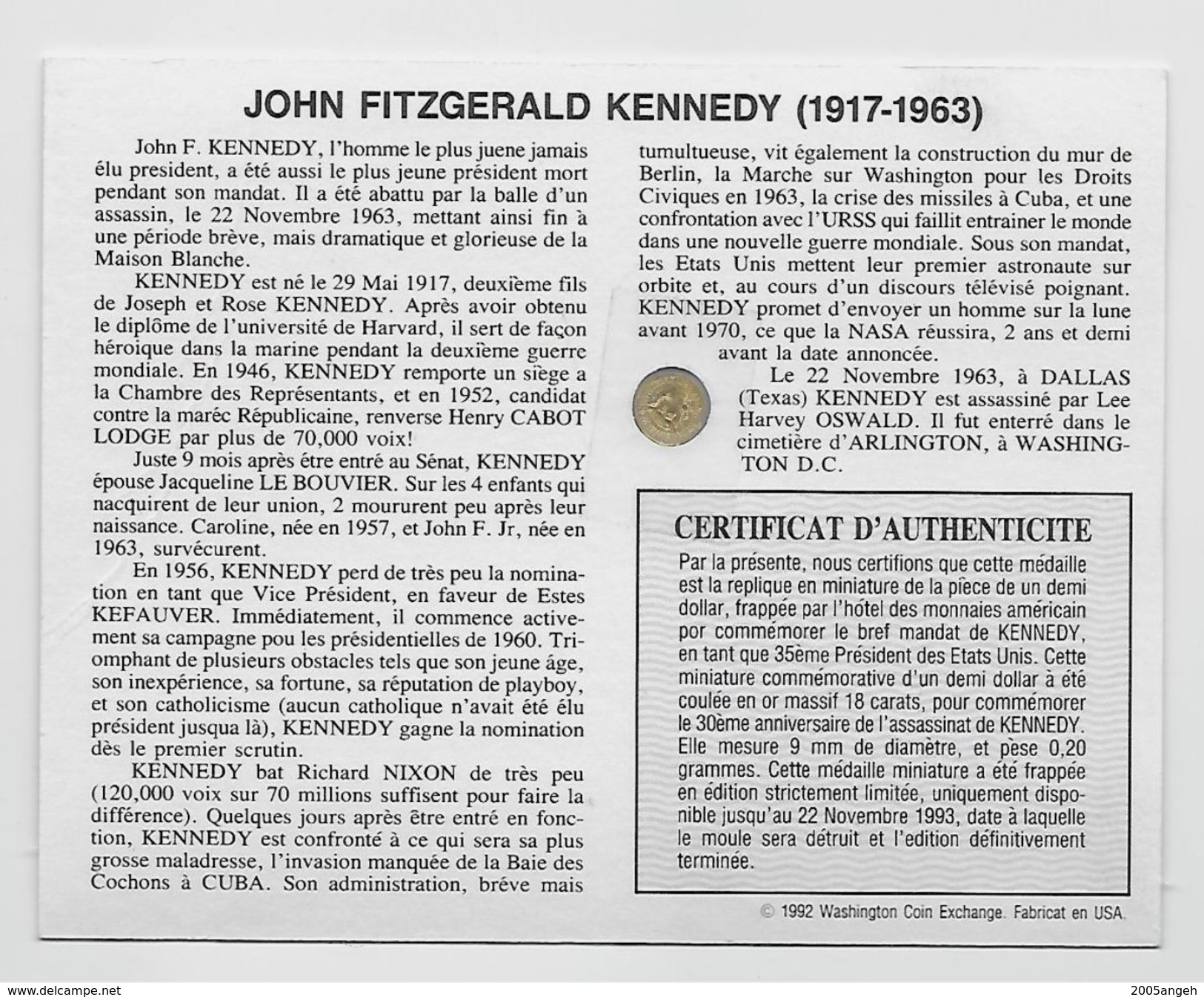 John F. Kennedy 35ème Président Des Etats Unis - Un Demi Dollar Commémoratif - Or 18 Carats - - Collections