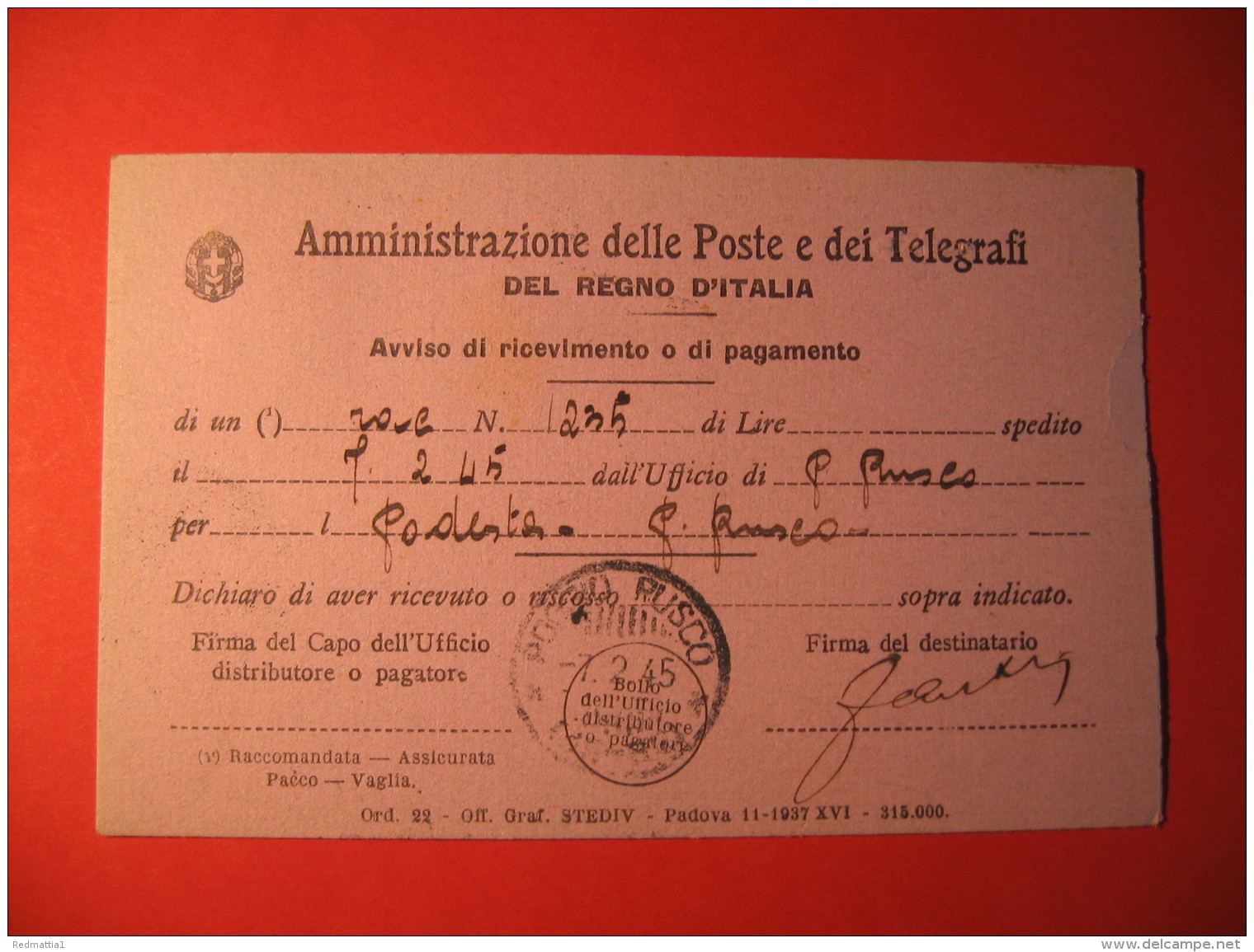 AMMINISTRAZIONE DELLE POSTE E DEI TELEGRAFI DEL REGNO D'ITALIA     314 - Storia Postale