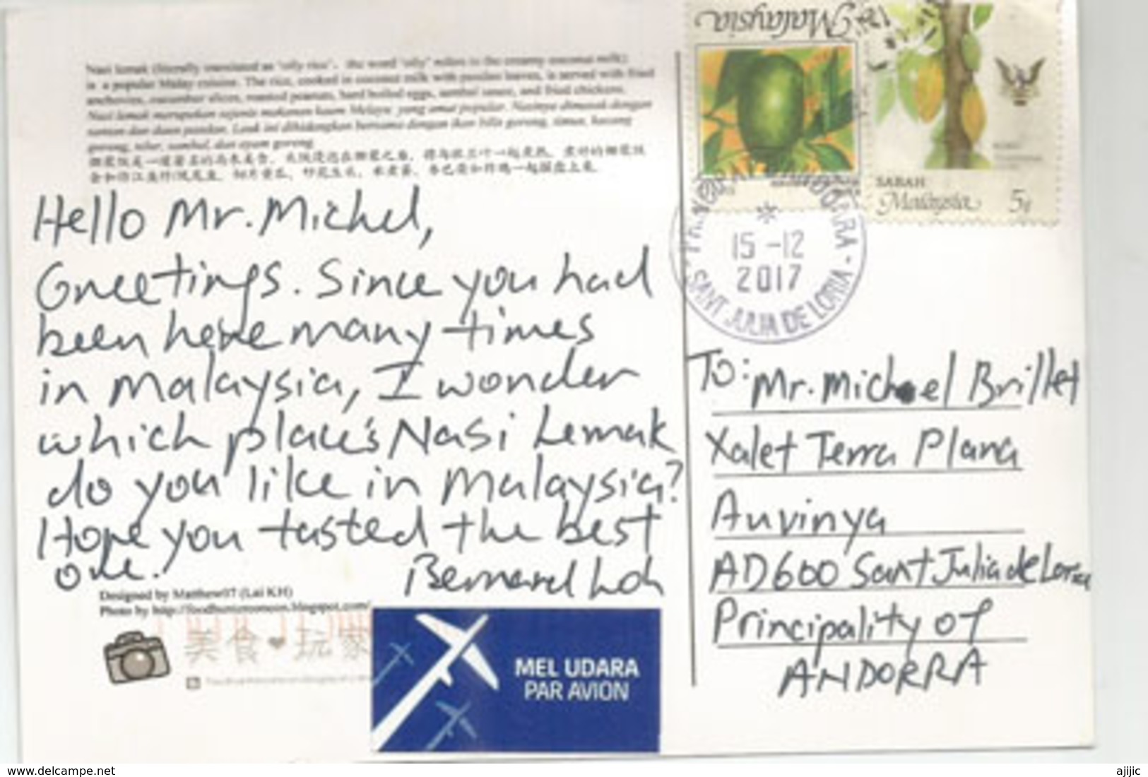 "Nasi Lemak", The National Dish Of Malaysia, Postcard From Malaysia Sent To Andorra, With Arrival Postmark - Restaurants