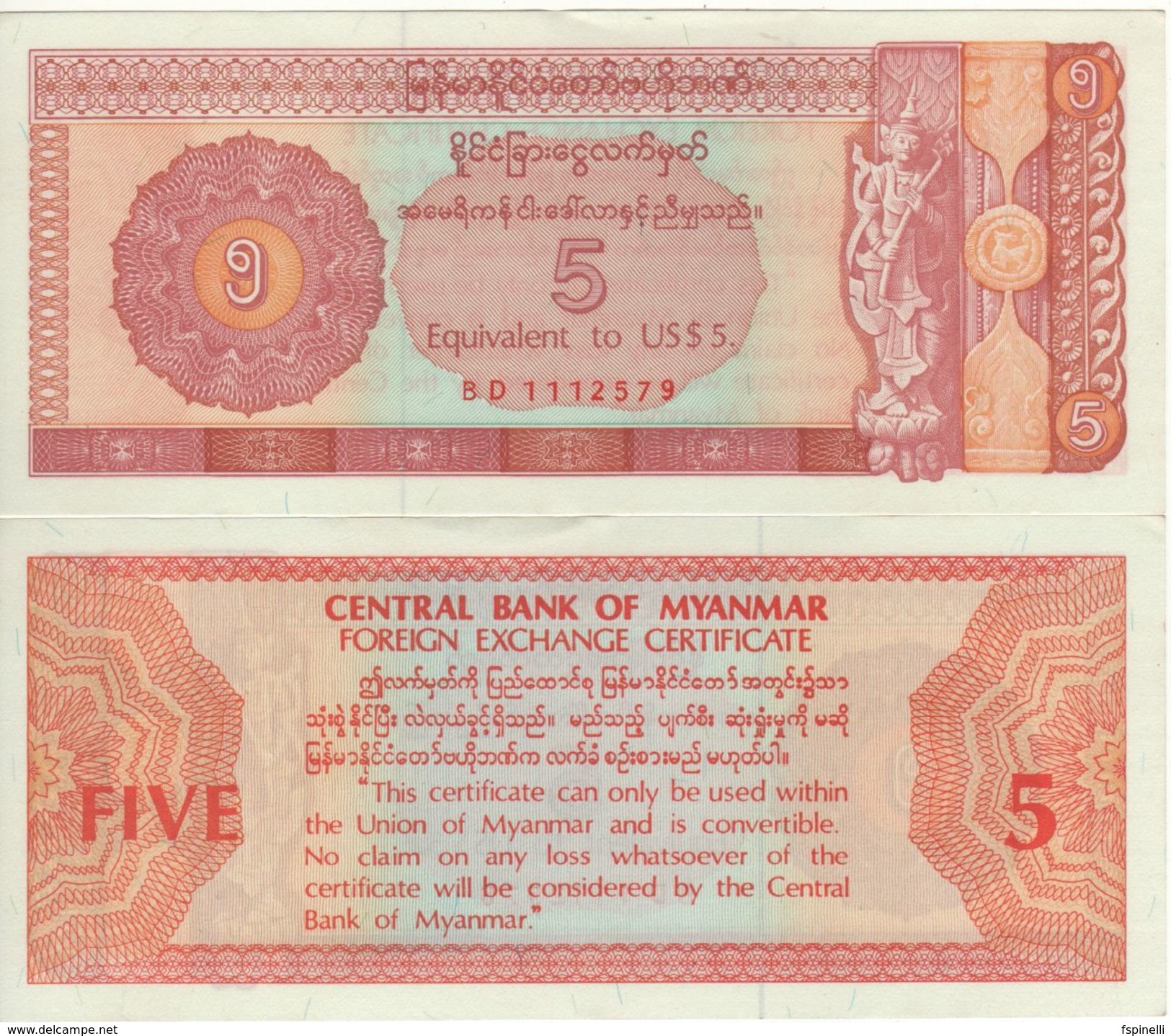 MYANMAR  (Burma)    5 Dollar  (Foreign Exchange Certificate)  PFX2     (ND 1983)  UNC - Myanmar