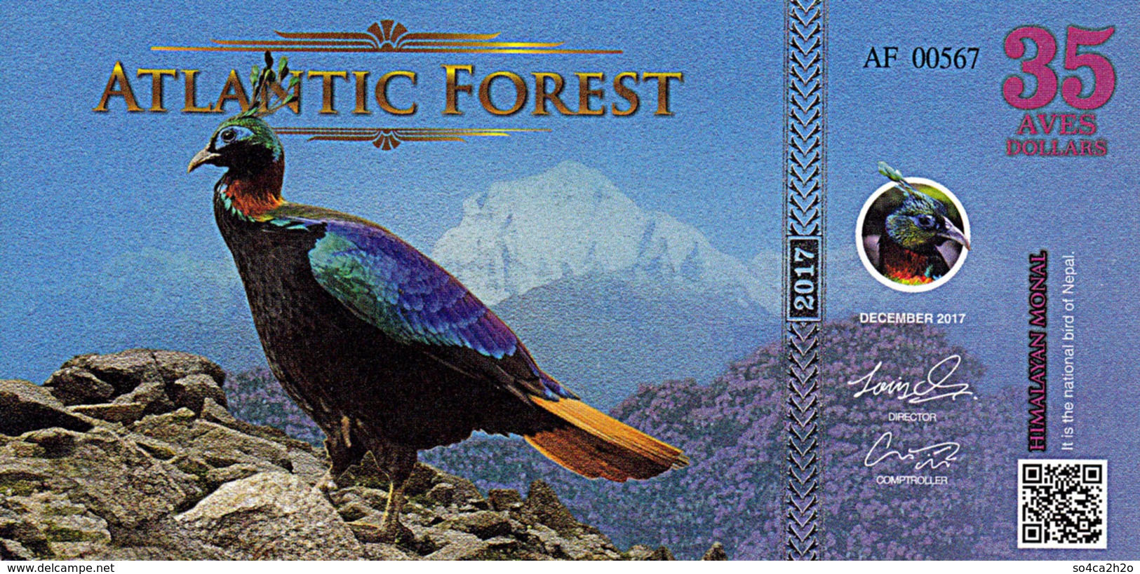 ATLANTIC FOREST 35 AVES DOLLARS Décembre  2017 UNC Himalayan Monal - Specimen