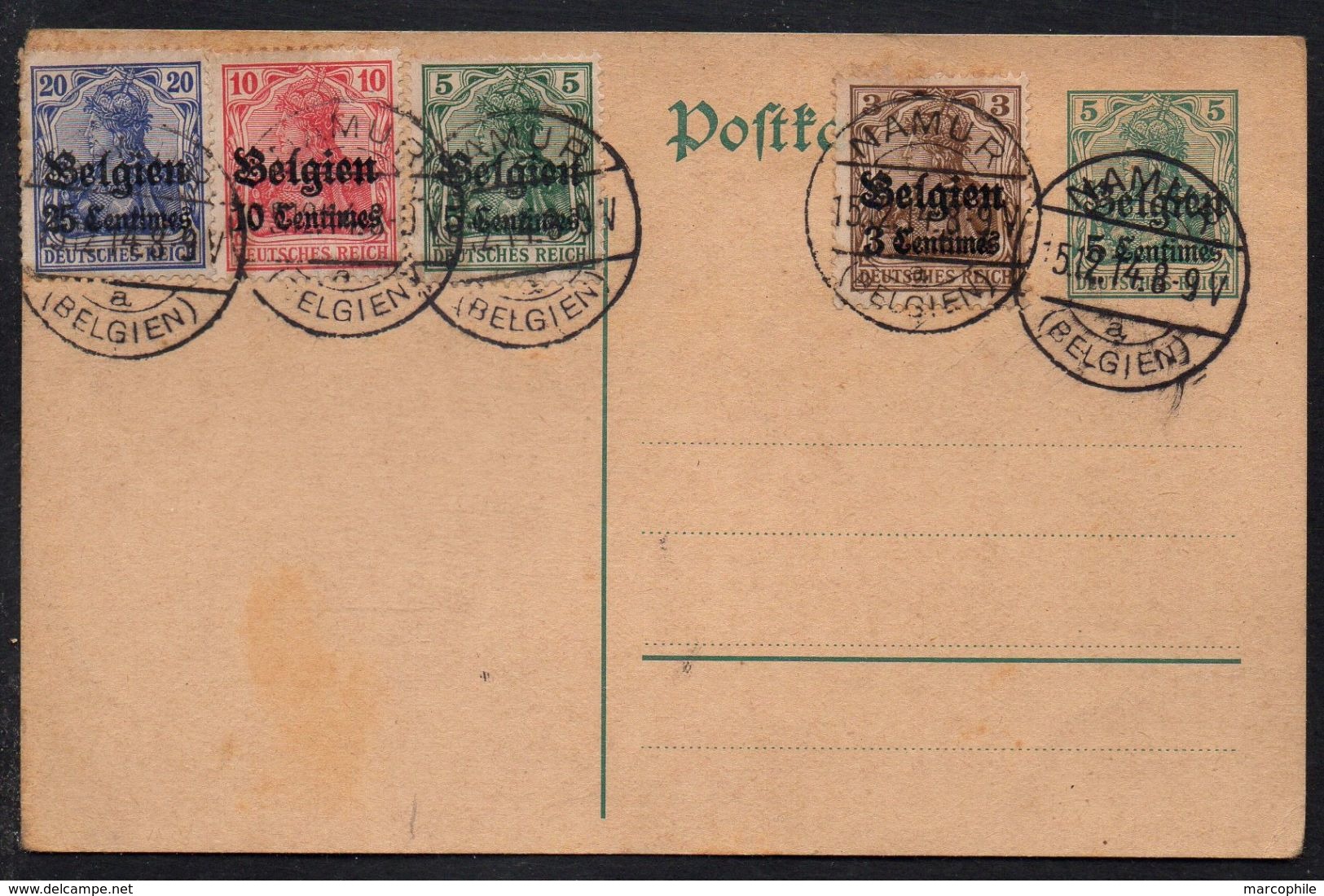 NAMUR / 1914 OBLITERATION SUR ENTIER POSTAL SURCHARGE + TIMBRES (ref LE1865) - German Occupation