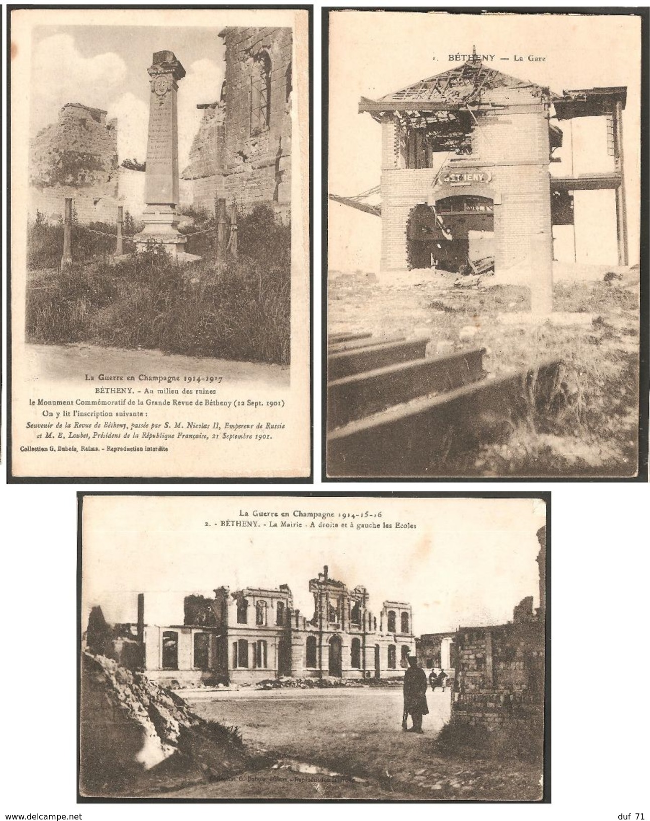 Bétheny Lot 3 CPA : Monument  / Gare / Mairie écoles. Guerre En Champagne, WW1 Texte " Froid, Dirigeants Lâches" - Bétheny