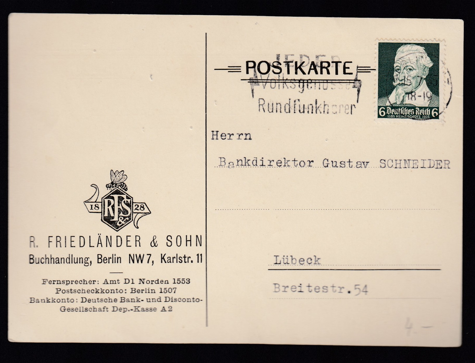 DR Firmen-Postkarte Buchhandlung Bankdirektor 1935 Hausham Nach Regensburg K365 - Briefe U. Dokumente