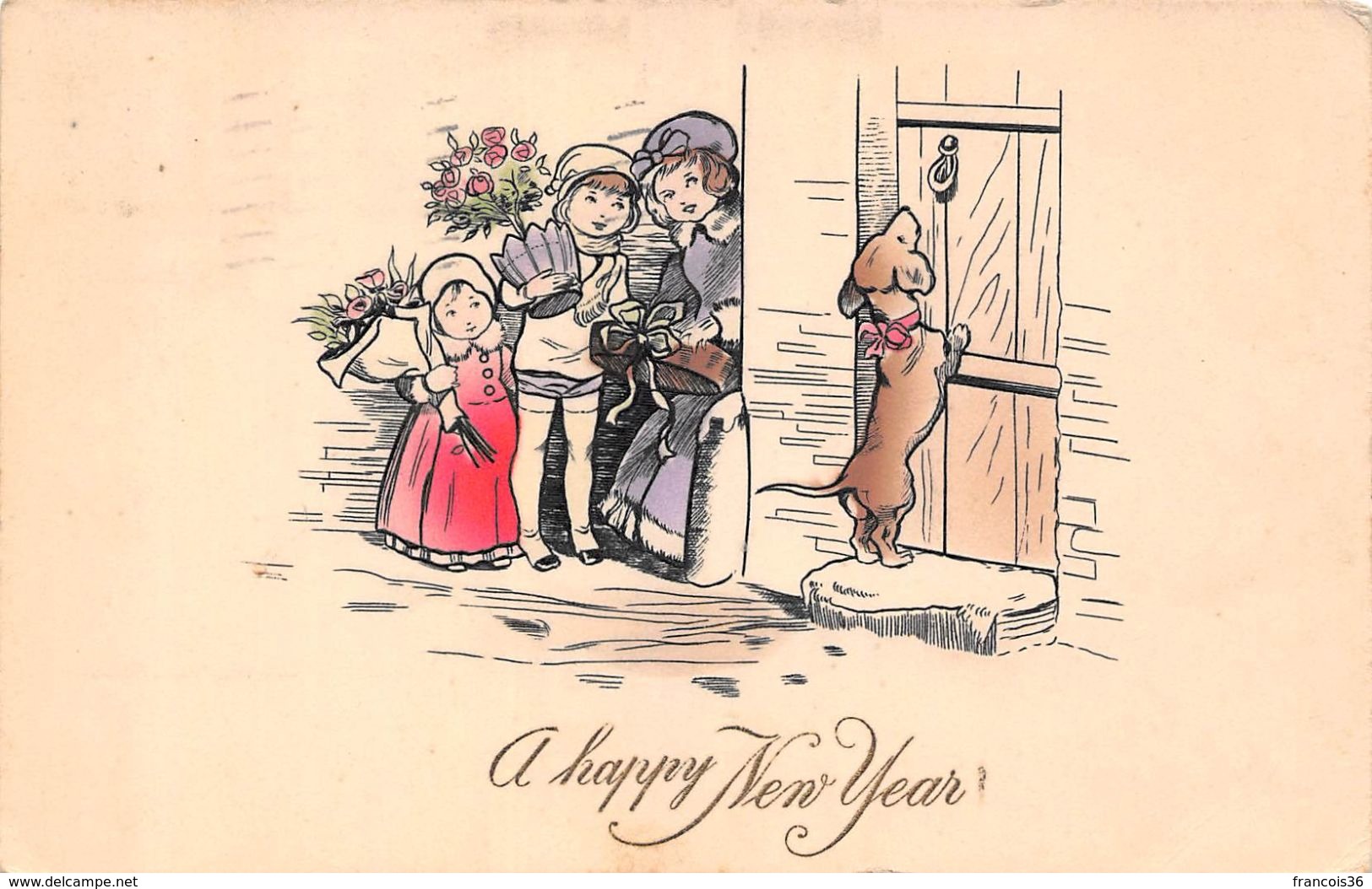 USA - A Happy New Year - Illustration Children With Presents Dog 1912 - Autres & Non Classés