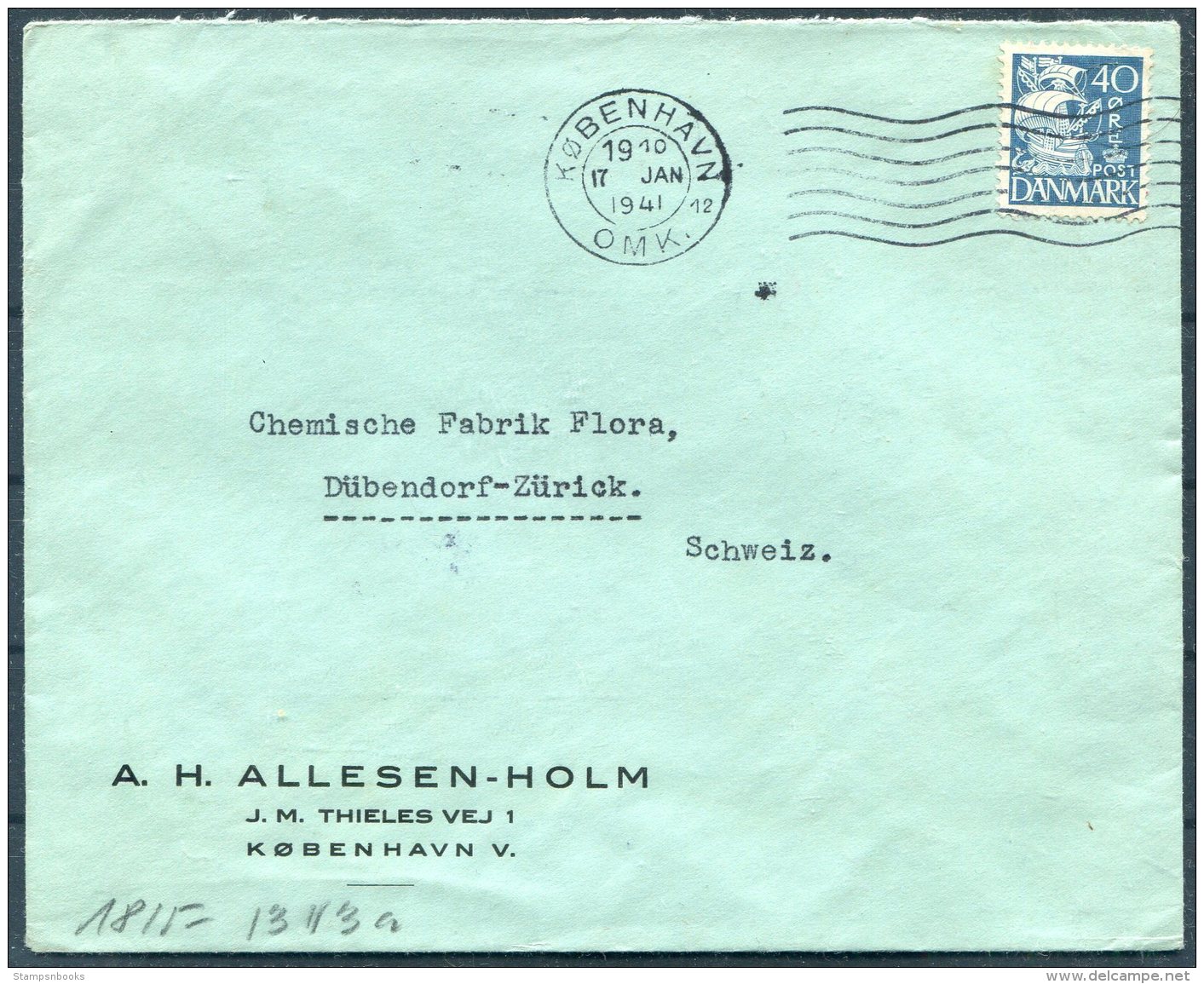 1941 Denmark Copenhagen Censor Cover A.H. Allesen-Holm - Chemische Fabrik Flora, Dubendorf Zurich Switzerland - Covers & Documents