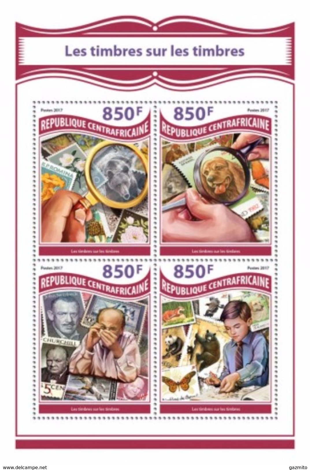 Centrafrica 2017, Stamps On Stamp, Dog, Bear, Mushrooms, Churchill, Butterfly, Panda, 4val In BF - Schmetterlinge