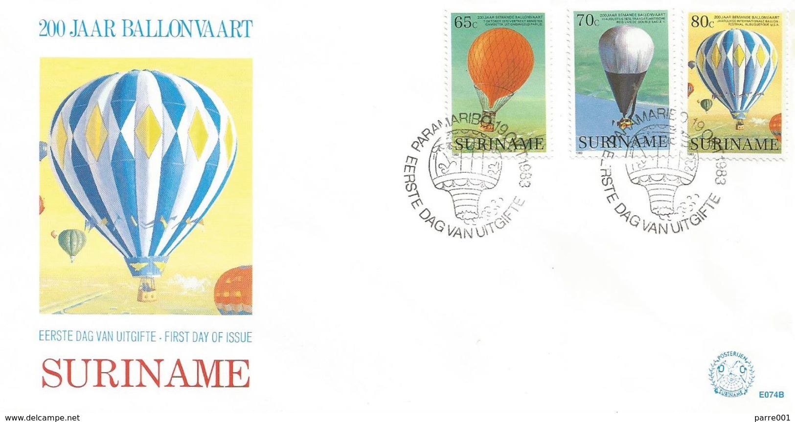 Suriname Surinam 1983 Paramaribo Hot Air Balloons Paris 1870 Albuquerque Festival Transatlantic FDC Cover - Luchtballons