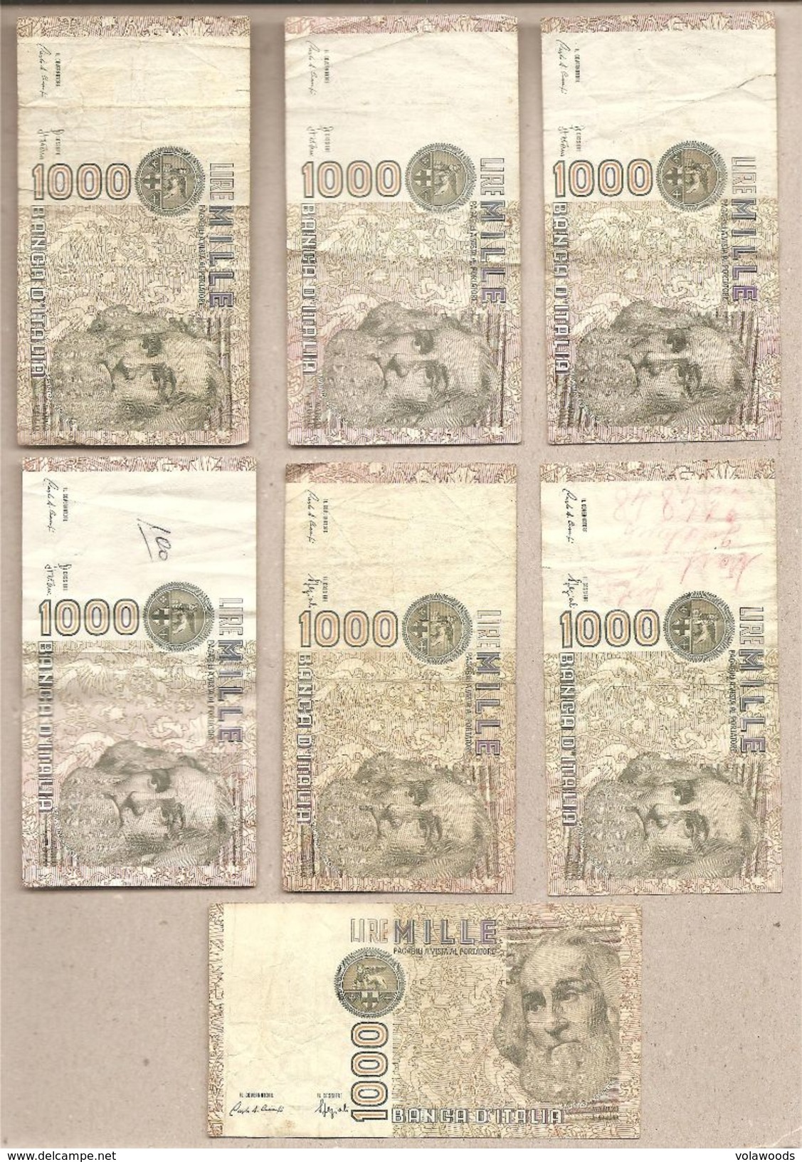 Italia - Banconote Circolate Da 1000 £ "Marco Polo" Tutti E 6 Decreti + Varietà "filo Di Sicurezza Cambiato - 1982/1988 - Verzamelingen