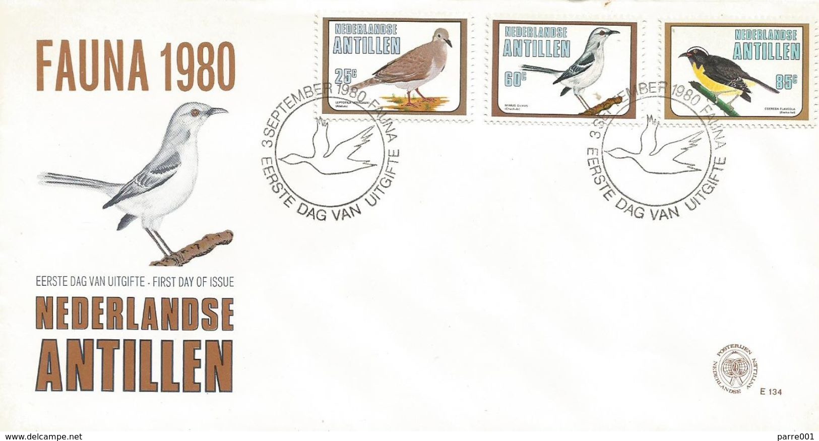 Netherlands Antilles 1980 Curacao Dove Pigeon Leptotila Verreauxi Mockingbird Mimus Gilvus Coereba Flaveola FDC Cover - Tauben & Flughühner