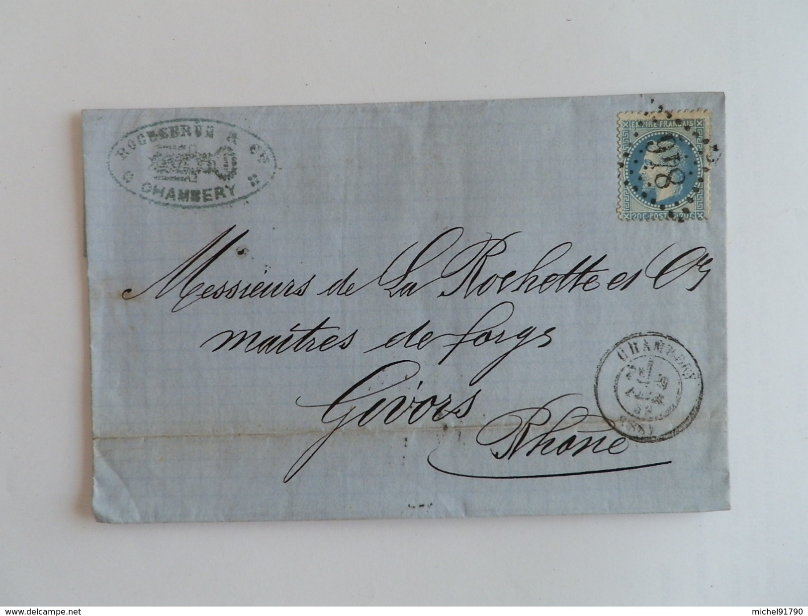 EMPIRE LAURE 29 SUR LETTRE DE CHAMBERY A GIVORS DU 18 FEVRIER 1869 (GROS CHIFFRE 846) - 1849-1876: Periodo Clásico