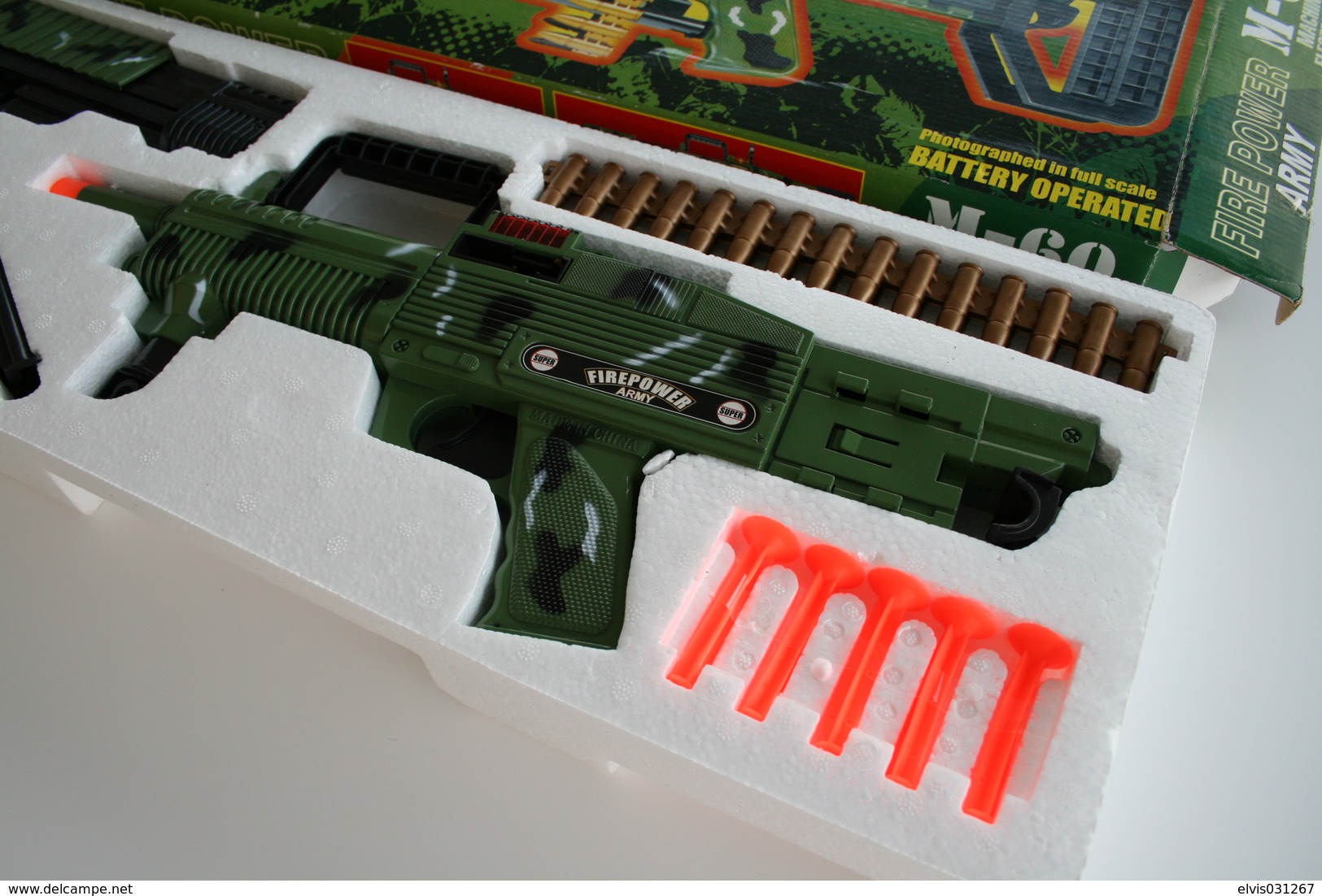 Vintage TOY GUN : MH-TOYS RAMBO KNOCK OFF M- 60 MACHINE GUN WITH BOX - L=66cm - 1980's- Cap Gun - Cork - Rifle