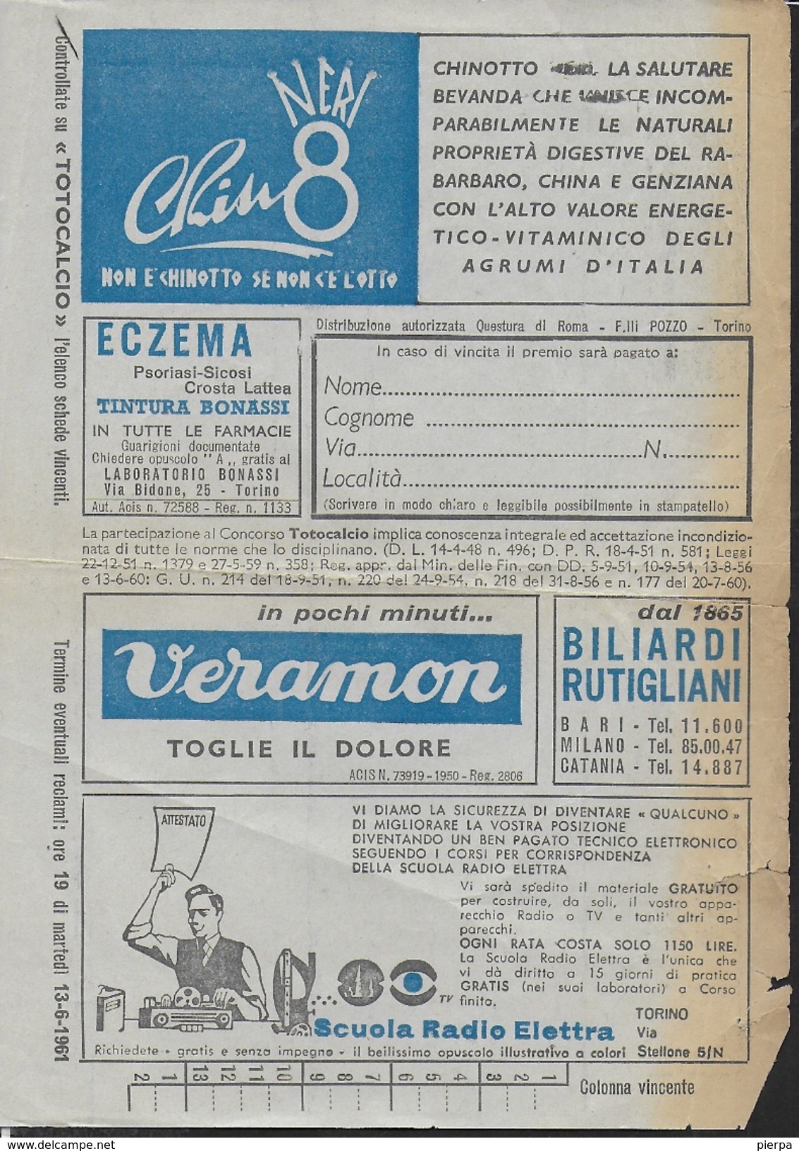 SCHEDINA TOTOCALCIO CONCORSO 37 DEL 04.08.1961 - Non Classificati