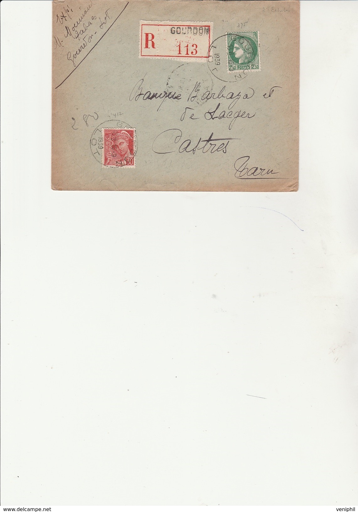 LETTRE RECOMMANDEE AFFRANCHIE N° 375 + N° 412 CAD GOURDON -LOT 1939 - Other & Unclassified