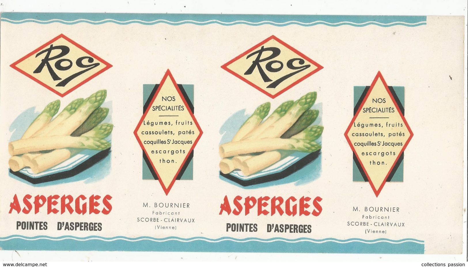 étiquette , 29.5 X 15.5 , ASPERGES ROC ,M. Bournier , Scorbe Clairvaux , Vienne , Frais Fr 1.65 E - Andere & Zonder Classificatie