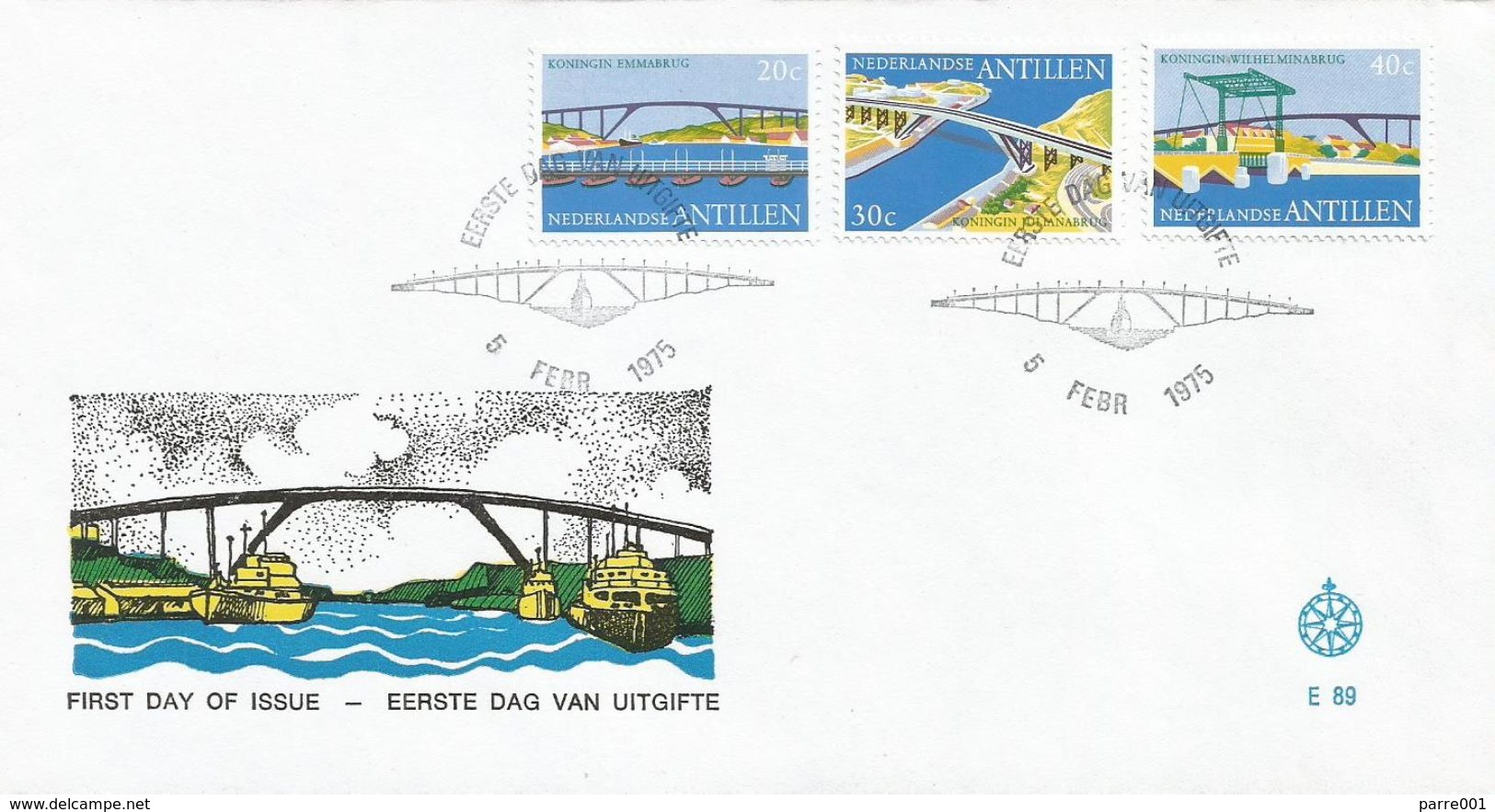 Netherlands Antilles 1975 Curacao Bridge Queen Emma Wilhelmina Juliana FDC Cover - Bruggen