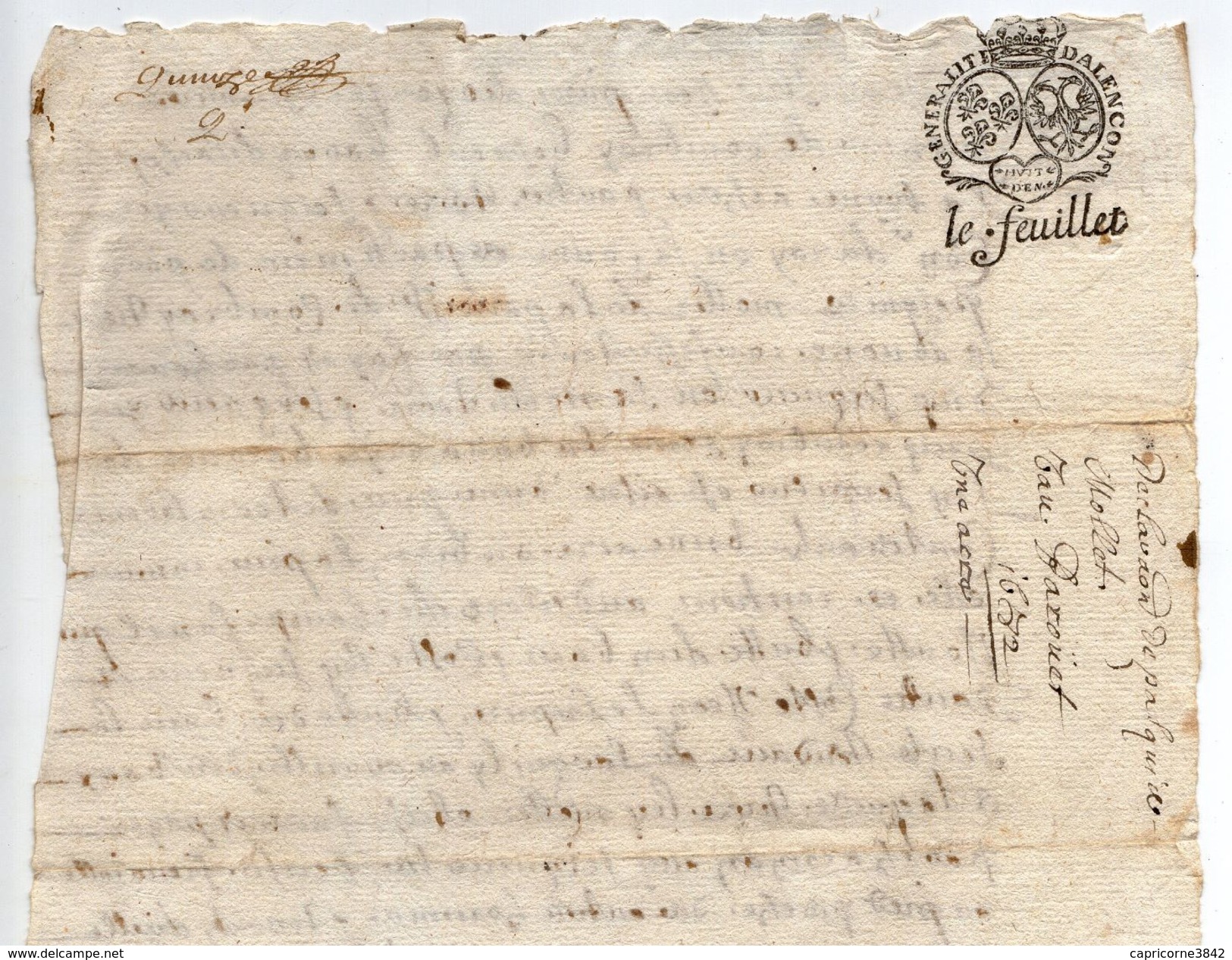 1682 - Document Manuscrit - Généralité D'Alençon - Taxe 8 Deniers LE FEUILLET - Cachets Généralité