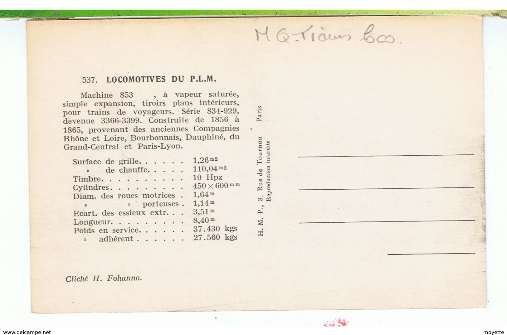 CPA-TRAINS-LOCOMOTIVES DU P.L.M-LOCOMOTIVE-MACHINE 853-A VAPEUR SATURÉE-CONSTRUITE DE 1856 A 1865-CLICHE H.FOHANNO- - Trains