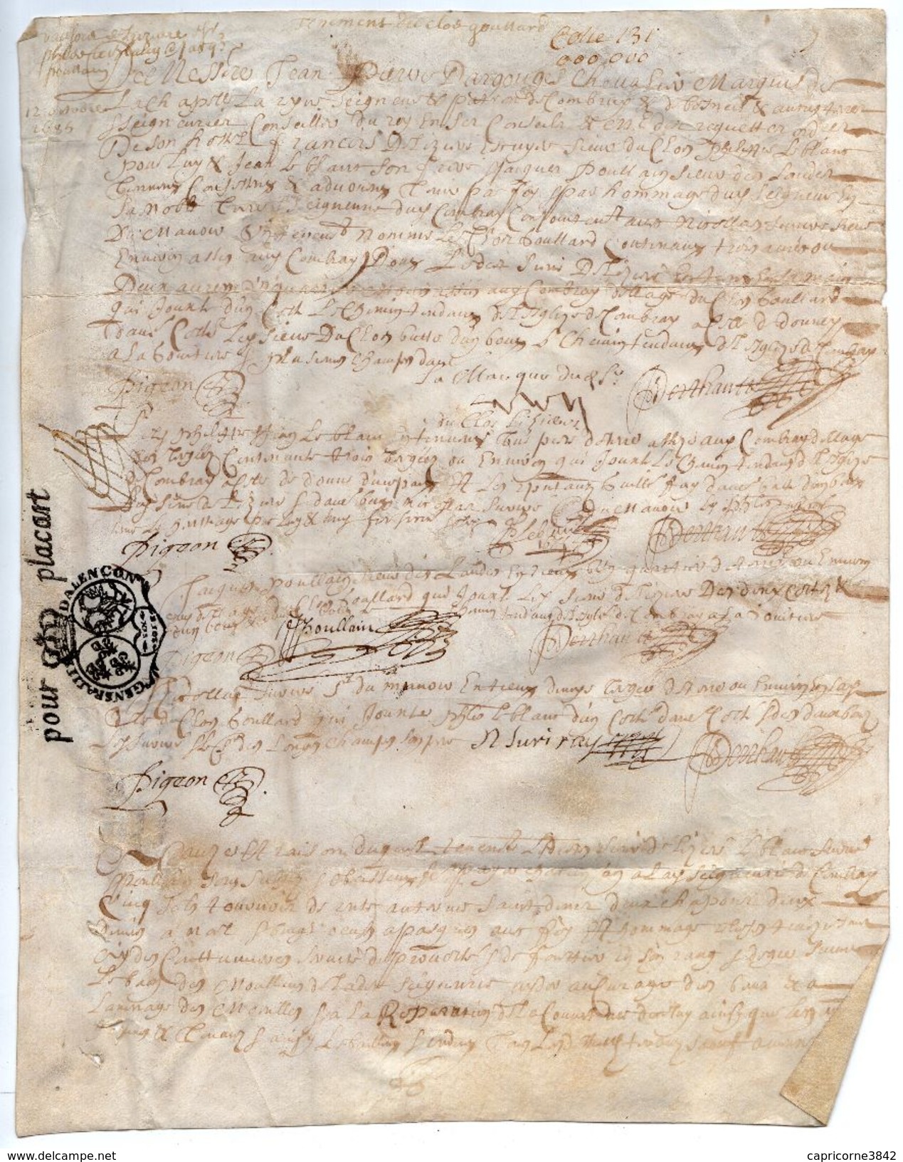 1685 - Document Manuscrit Sur Peau Velin  - Généralité D'Alençon - Taxe "POUR PLACART" 6 Sols - Seals Of Generality