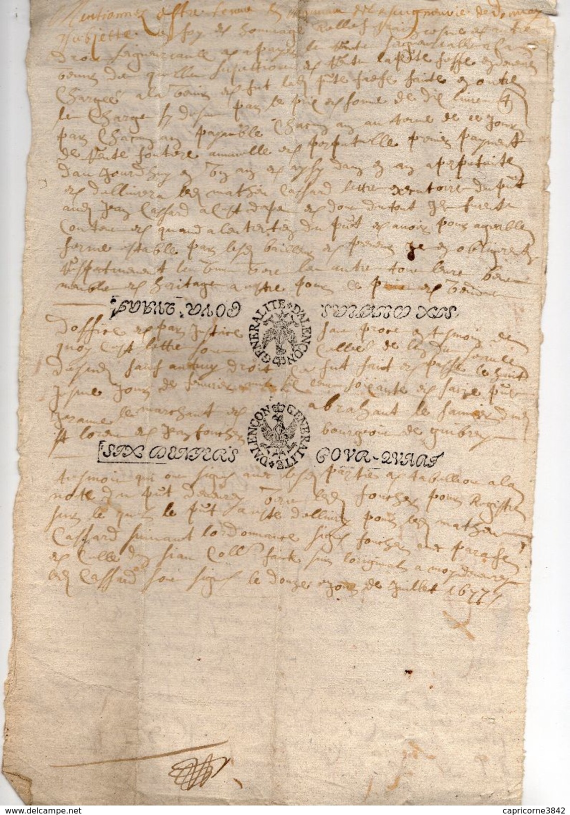 1677 -  Document Manuscrit - Généralité D'Alençon - 2 Taxes De 6 Deniers Le Quart (feuille Entière) Pliée - Seals Of Generality