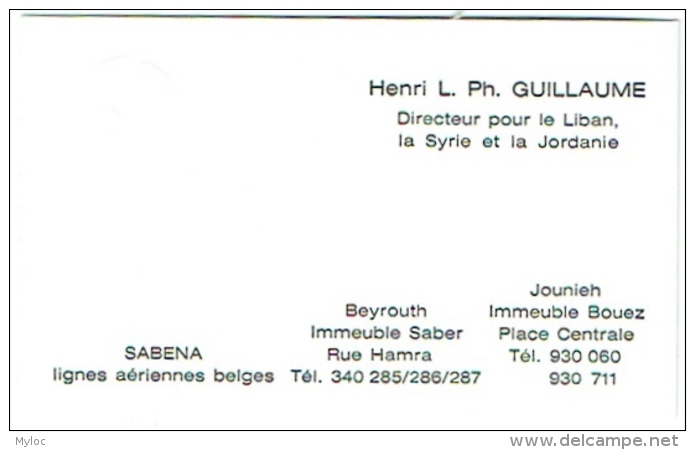Carte Visite. Sabena. Beyrouth/Jounieh. Guillaume, Directeur Pour Liban/Syrie Et Jordanie. - Visiting Cards