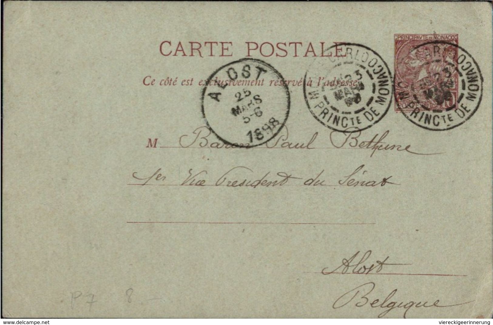 ! 1898 Entier Monte Carlo, Ganzsache Monaco, An Baron Paul Bethune Alost, Belgien, Adel - Entiers Postaux