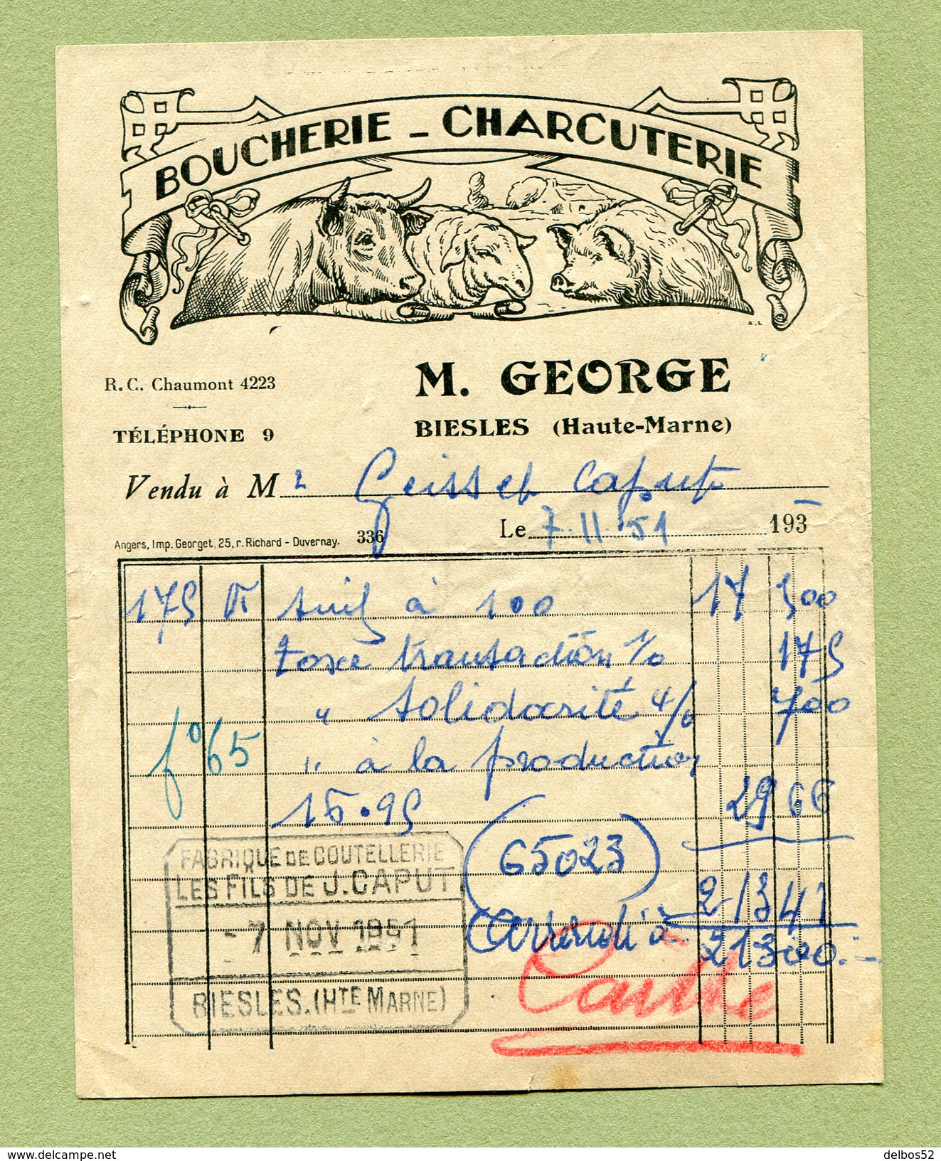 BIESLES  (52) : " BOUCHERIE - CHARCUTERIE  GEORGE "  1951 - 1900 – 1949